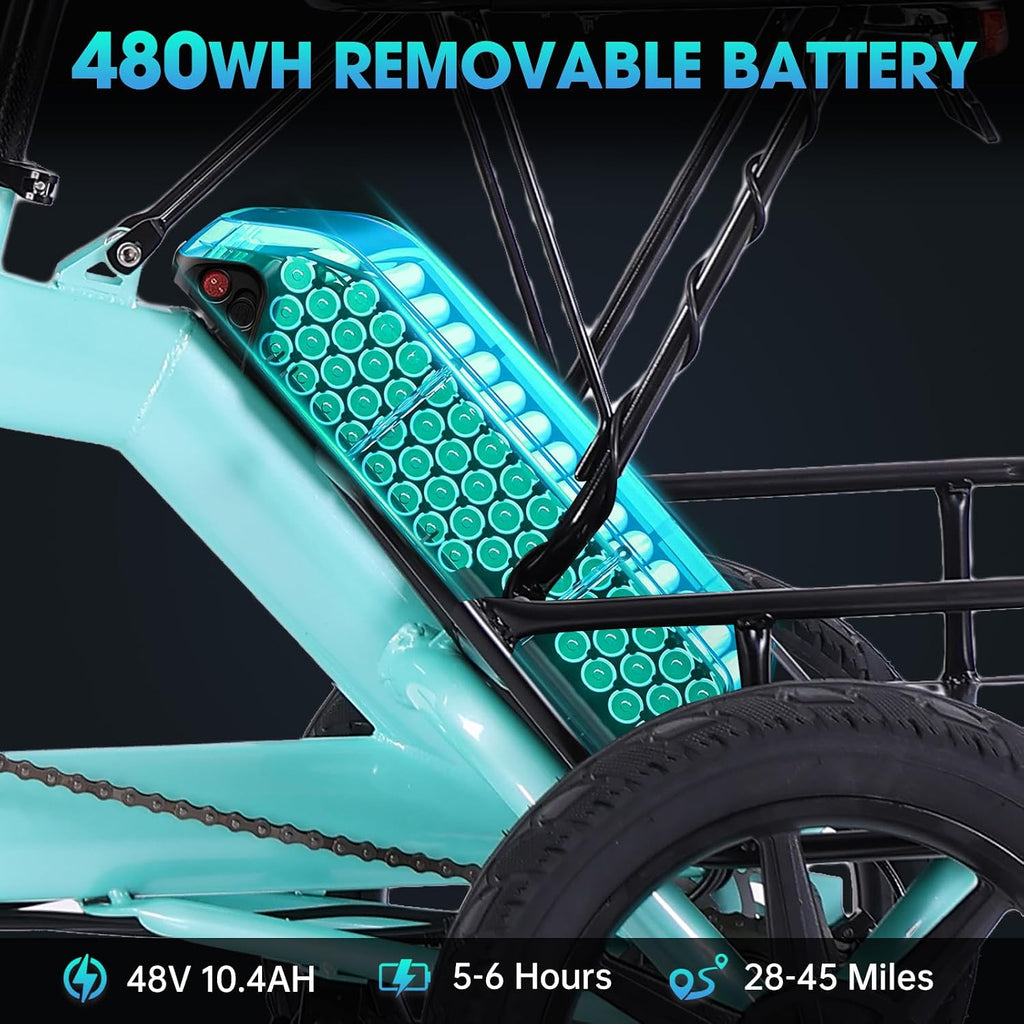 E Trike Electric Bike, 350W(Peak 500W) Brushless Motor Folding Trike, 2 Seats Ebike, 480Wh Removable Battery, Step-Thru 3 Wheel Electric Bicycle, Up to 45 Miles, Tricycle for Adults Parents