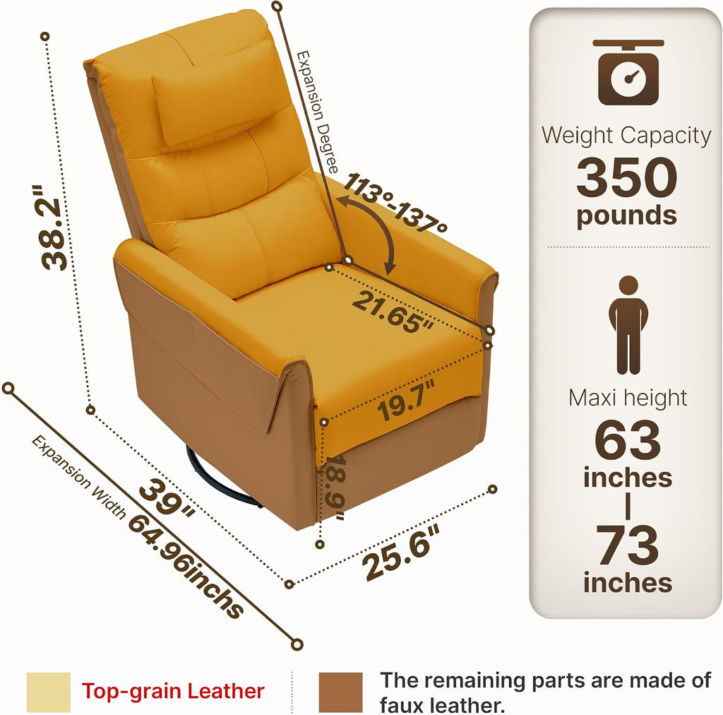 AIRSKY Leather Recliner Chair, Top Grain Leather, Italian Water-Washing Process, Movable Headrest,Swivel Rocker Recliner, Nursery Rocking Chairs,Wall Hugger Recliners, Living Room Chair, R3 (Brown)