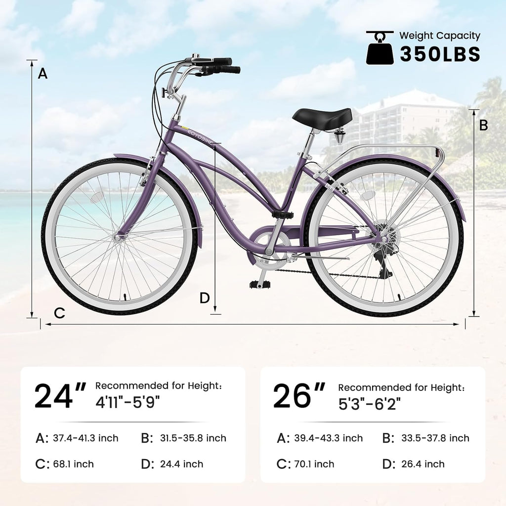 Cruiser Bike for Adults, 7-Speed Beach Cruiser Bicycle, 24/26 Inch Step-Through or High-Bar Frame, Comfort City Commuter Bike with Rear Rack, Fenders, Wide Saddle for Women & Men