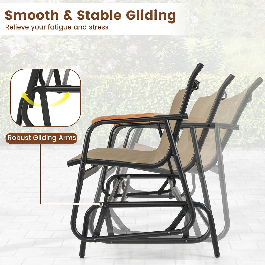 Giantex Patio Glider, 3-Person Swing Gliding Loveseat with Curved Teak Armrests, Fabric Seat, Metal Frame, Load 990lbs, Outdoor Rocking Chair for Porch, Yard, Poolside (29'x66.5'x33')