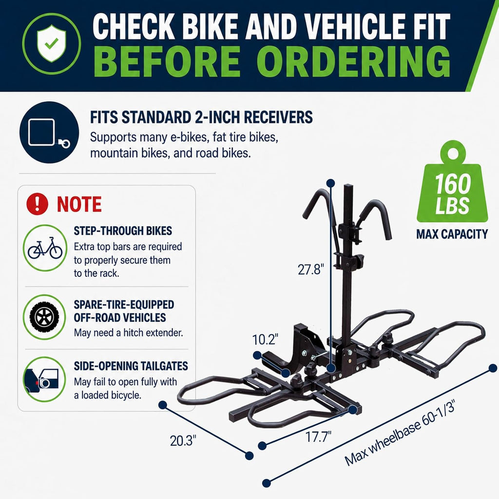 Bike Rack Hitch, 2 Bike Rack for Hitch, Hitch Mount Bike Rack for Car SUV Truck, 160 lbs Capacity, Foldable Tilt-Away Trailer Hitch Bike Rack for E-Bikes and Fat Tire Bikes, Fits 2' Receiver