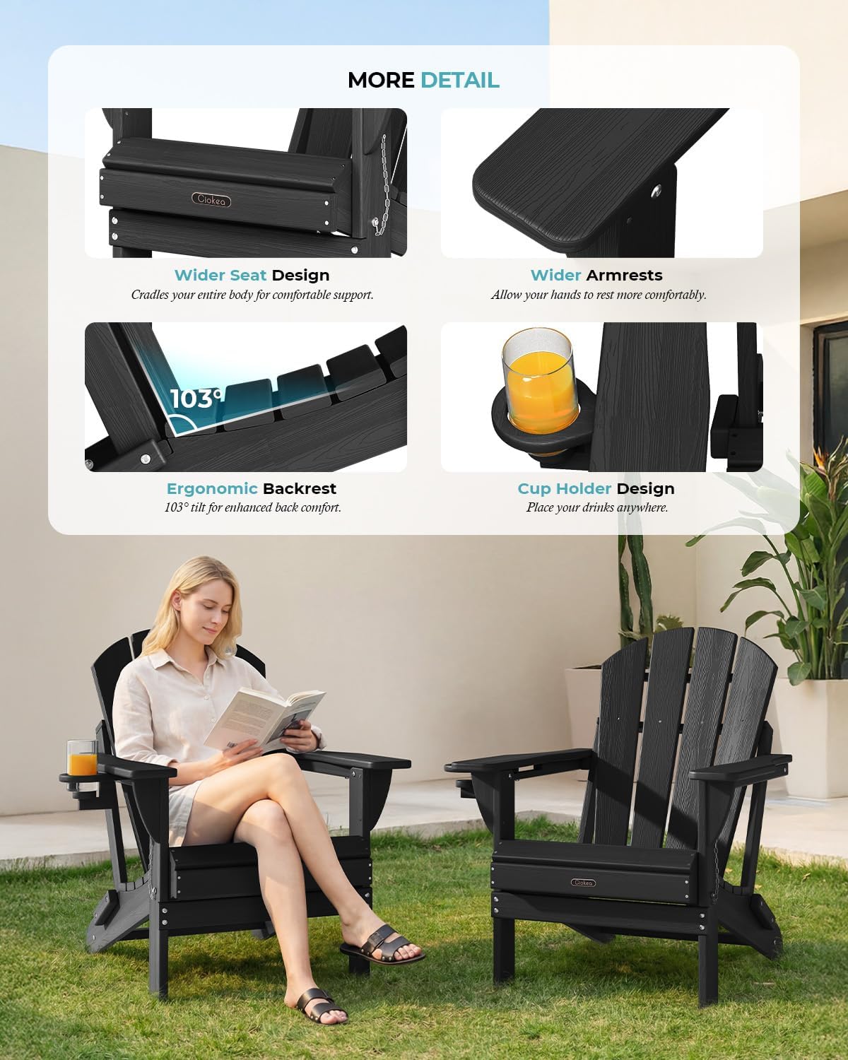Ciokea Folding Adirondack Chair Wood Texture 2 Pack, Patio Adirondack Chair Weather Resistant, Plastic Fire Pit Chair with Cup Holder, Lawn Chair for Outdoor Porch Garden Backyard Deck (Black)