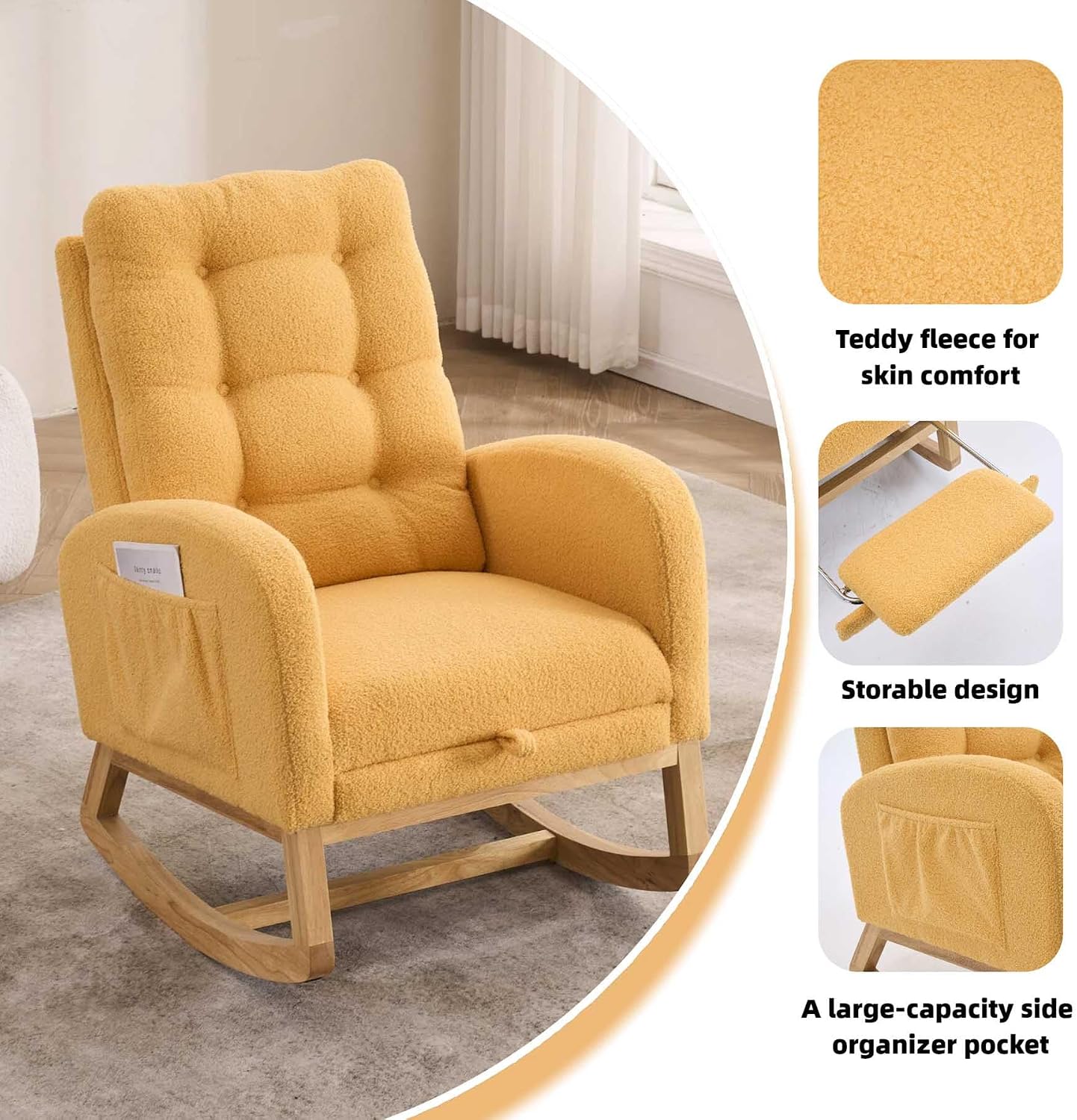 Nursery Rocking Chair with Foot Rest & Side Pocket, 300lbs Capacity, Rocking Chairs with High Backrest, Suitable for Living Room Bedroom, Comfort (Yellow)