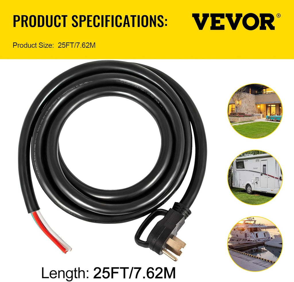 VEVOR 25 FT 50 Amp Generator Extension Cord 6/3+8/1 AWG STW 50A RV Power Cord NEMA 14-50P to Bare Wire Cut Cord for Manual Transfer Switch Home Backup Camper Trailer Temporary Power ETL Certified