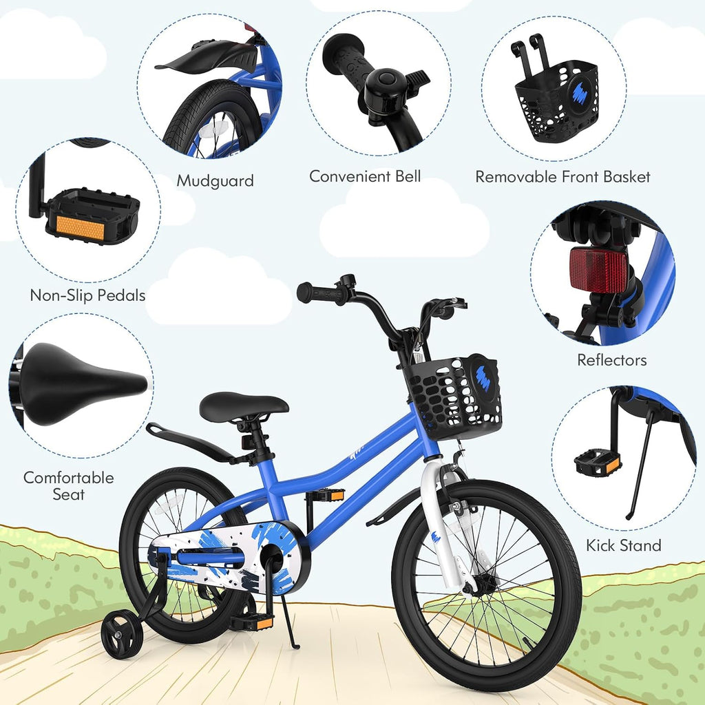 COSTWAY Kids Bike, 12 14 16 18 20 Inch Toddler Bike for Boys & Girls Aged 3-8 Years Old, Kids Bicycle w/Removable Training Wheels, Handbrake & Coaster Brake, Basket, Bell