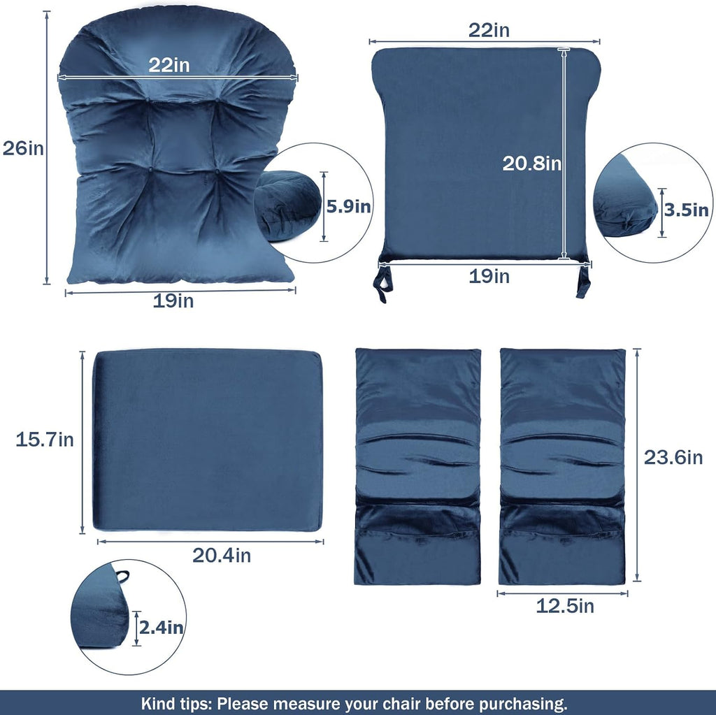 5PCS Glider Rocker Replacement Cushions Thick Soft Velvet Glider Cushions Replacement Set with Ottoman Cushion and Storage Pockets for Nursery Wooden Rocking Chair, Navy Blue