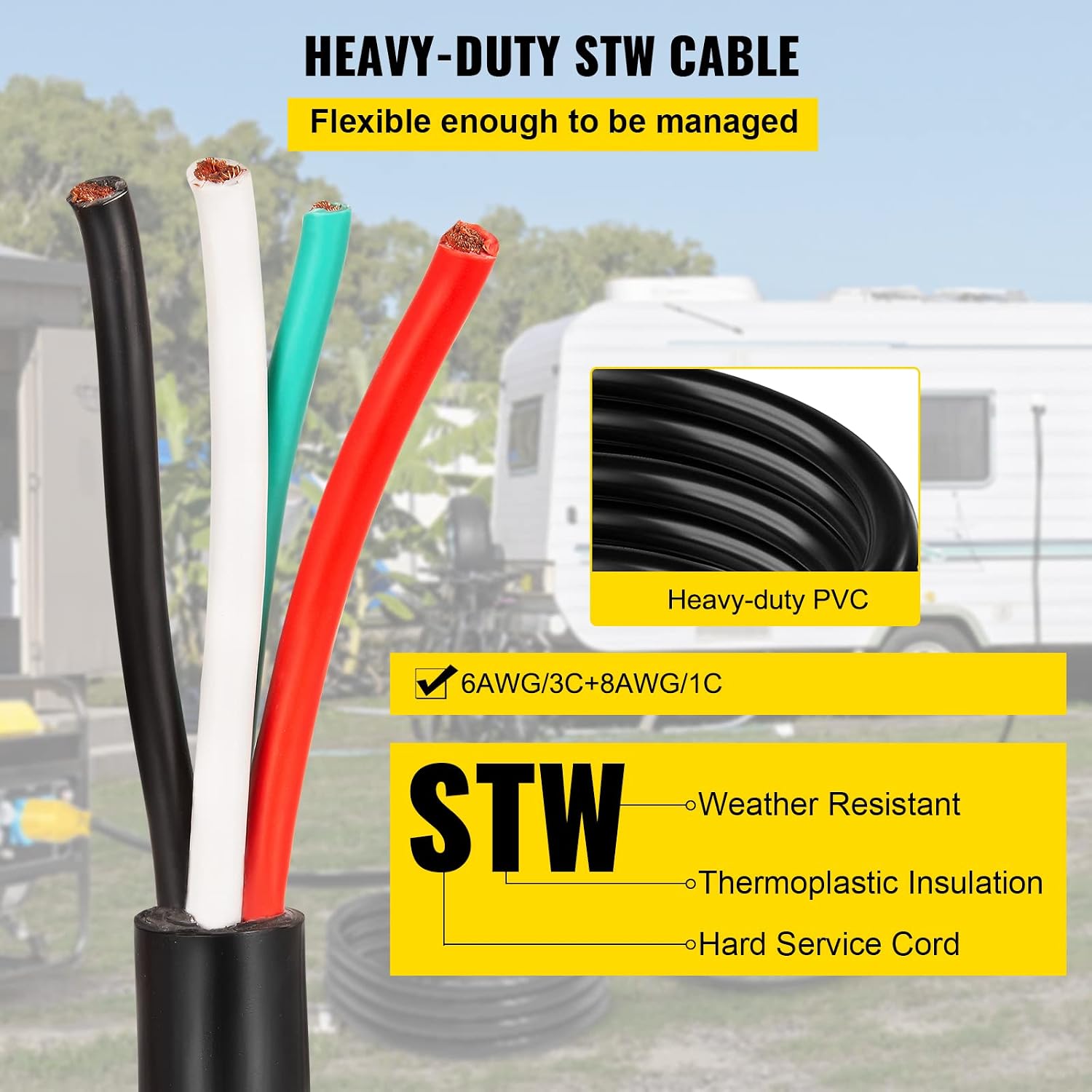 VEVOR 25 FT 50 Amp Generator Extension Cord 6/3+8/1 AWG STW 50A RV Power Cord NEMA 14-50P to Bare Wire Cut Cord for Manual Transfer Switch Home Backup Camper Trailer Temporary Power ETL Certified