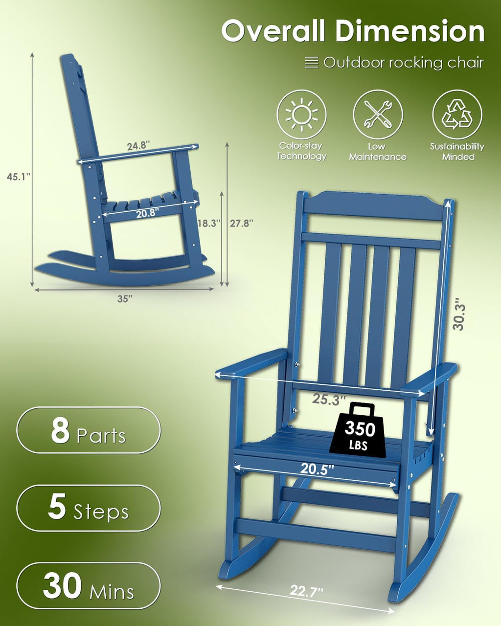 GREENVINES Outdoor-Rocking-Chairs-Set-of-2 | HDPE Plastic | Patio Rockers | Porch Rocker Chair | Oversized | High Back | Big & Tall | Blue