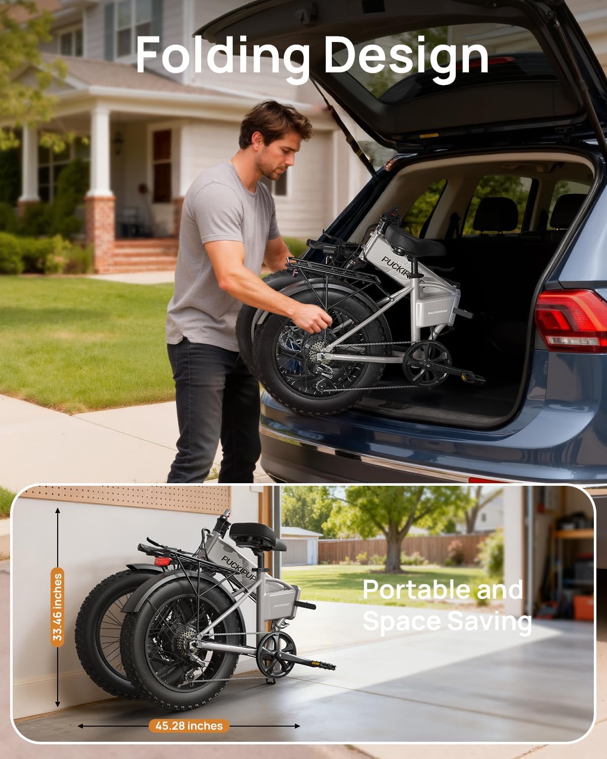 PUCKIPUPPY Folding Electric Bike, 960W Peak Foldable Ebike, 48V 15AH Battery Electric Bike for Adults, 20' Fat Tire, 7 Speed, 28MPH, 70Miles Range, Front Suspension, LCD Display, Dachshund