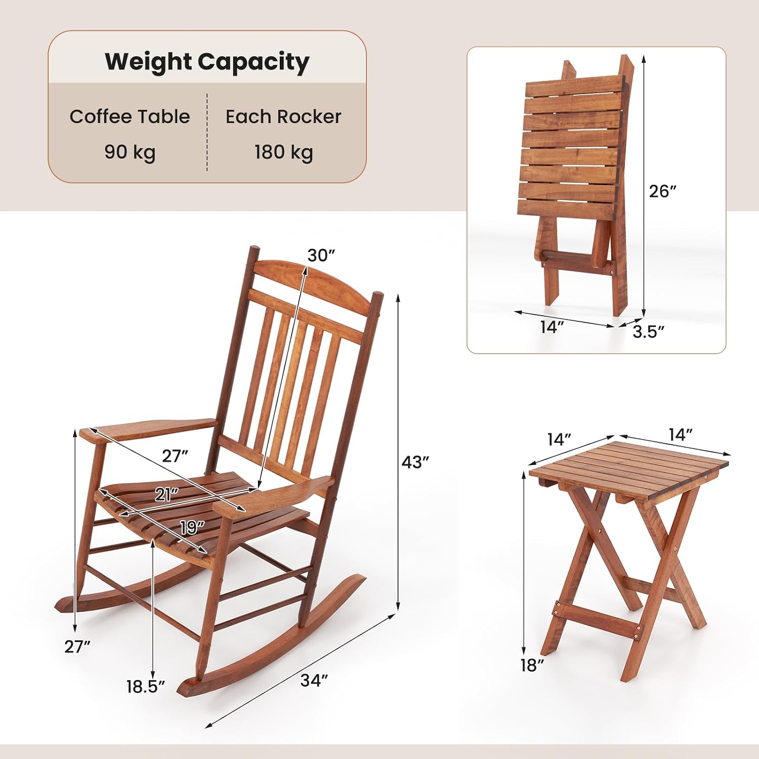 Tangkula 3-Piece Outdoor Poplar Wood Rocking Bistro Set, High Back Front Porch Rocker Chairs Conversation Set with Folding Coffee Table and Armrests, Outdoor Patio Furniture Set for Balcony Backyard
