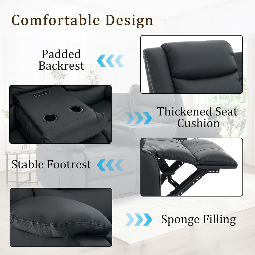 Korser Recliner Sofa, Reclining Loveseat with Console, Oversized Reclining Couch with Drop Down Table, 3-Seater Sofa with Cup Holder and Recessed Power Strip, Black