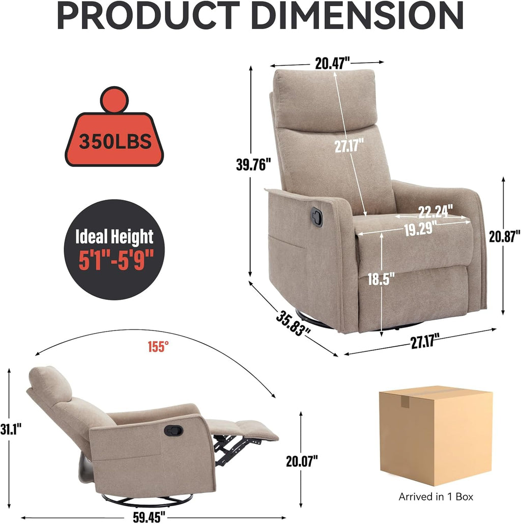 PELUMY 360 Swivel Rocking Recliner Chair for Adults, Nursery Rocking Chair with Heat and Massage, Glider Reclining Chair for Small Space, Living Room, Bedroom (Khaki)