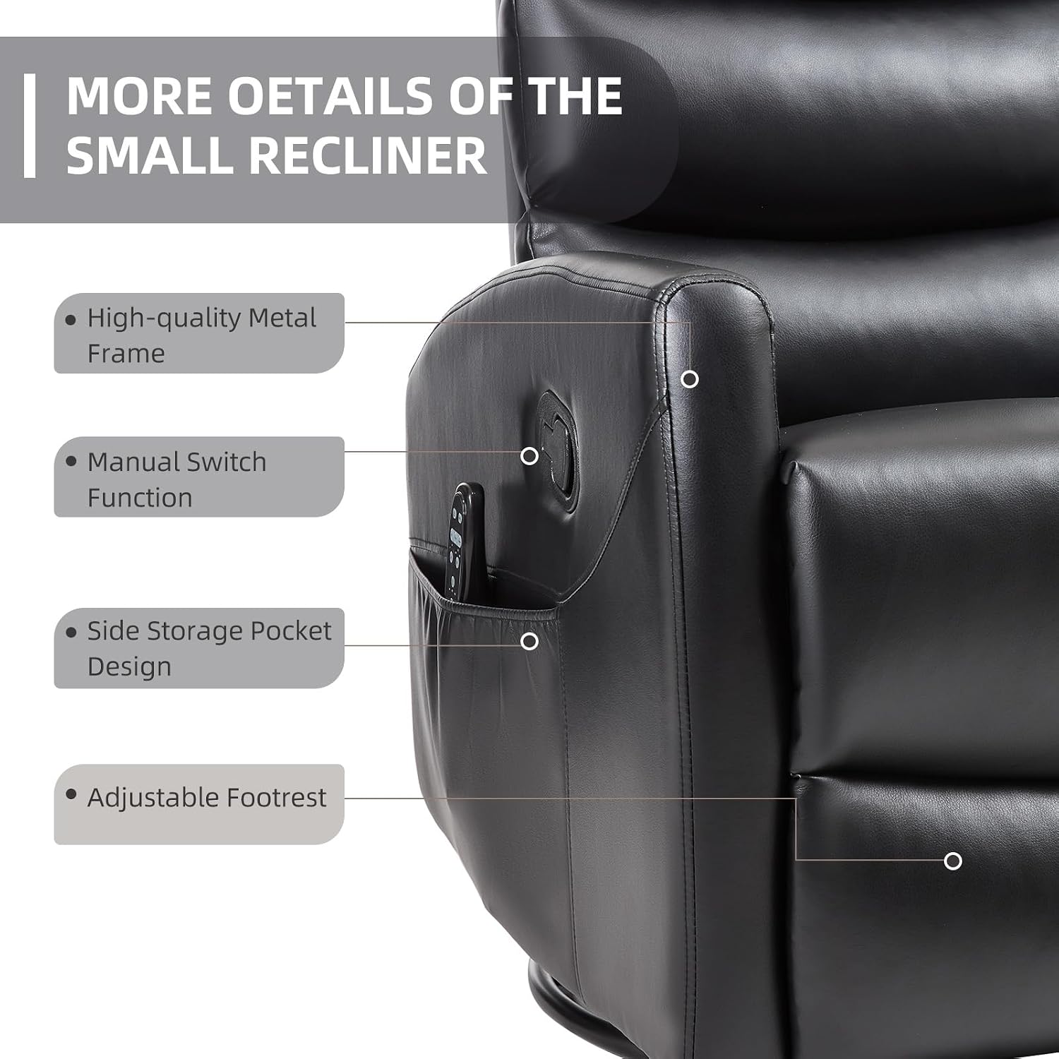 PELUMY 360° Swivel Rocker Recliner with Heat & Vibration Massage, Glider Rocking Chair for Adults, Compact Recliner for Living Room, Small Spaces, Nursery, Bedroom (Breathable Leather, Black)