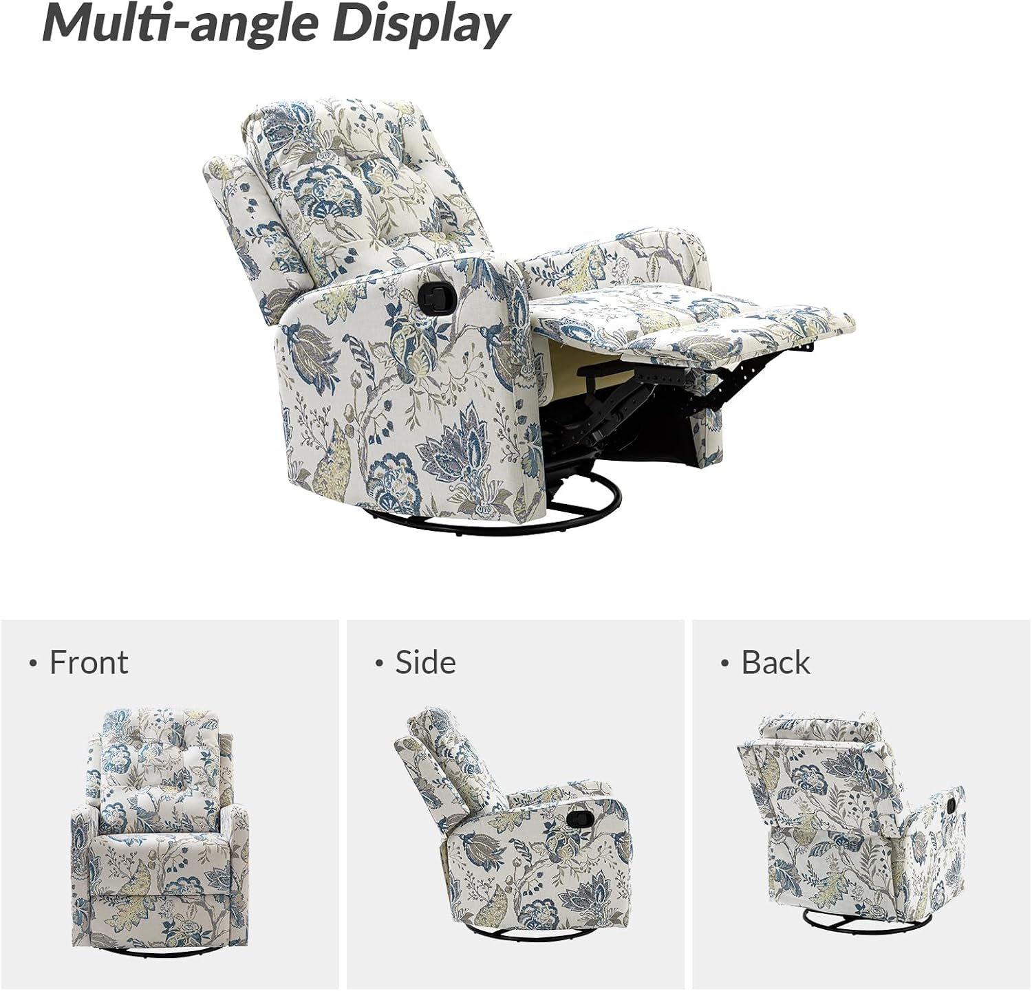 HULALA Home Recliner Chair Modern Printed Fabric for Living Room, Wingback Rocker Recliner Sofa Comfy Armchair 360 Degree Swivel, Nursery Rocking Chairs with Adjustable Backrest & Footrest/Blue