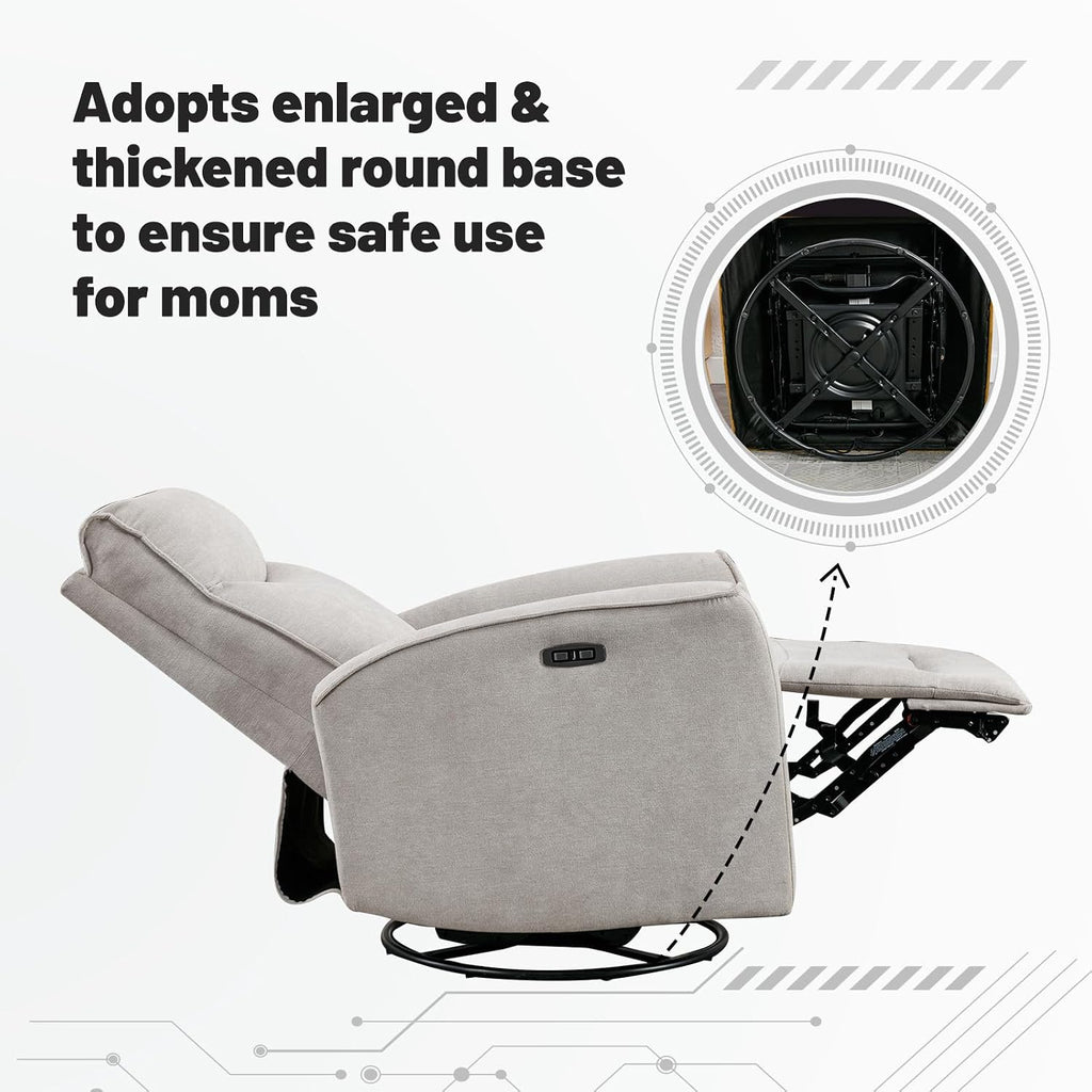 ANJ Power Swivel Recliner Chair, Glider Rocker Recliner with USB Port, Electric Nursery Recliners Sofa Rocking Chairs for Living Room, Bedroom（Grey）