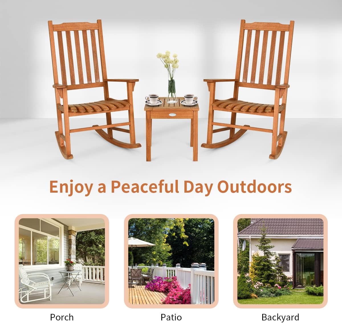Tangkula 3 Piece Patio Rocking Bistro Set, Patiojoy Eucalyptus Wood Conversation Set with 2 Rockers and 1 Coffee Table, Outdoor Rocking Chair Set with Coffee Table for Porch, Patio and Backyard