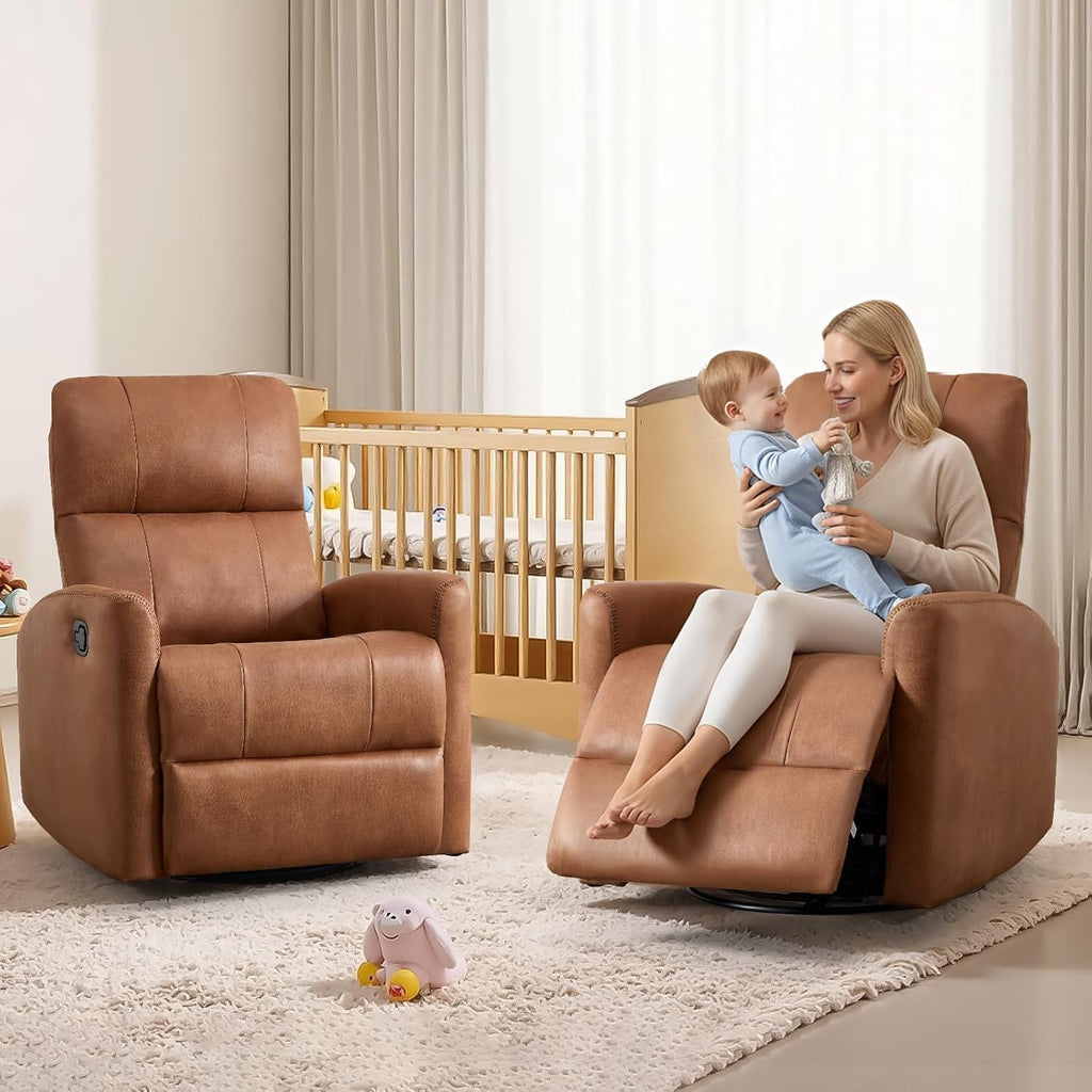 HAOMARKETS Swivel Rocker Recliner Chair, Manual Faux Leather Glider Rocking Recliners for Adults, 360° Swivel Nursery Reclining Sofa with Padded Backrest for Living Room, Dark Brown