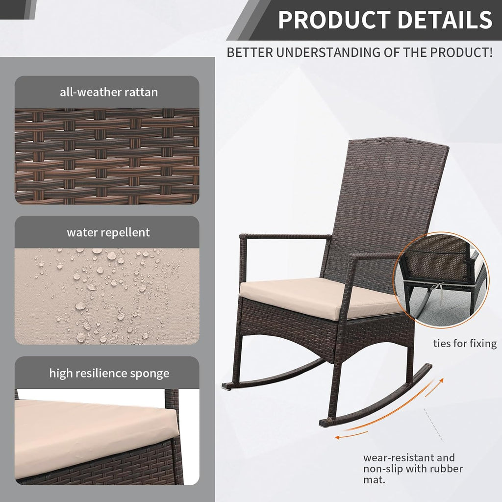 Outdoor Rocking Chair 3 Pieces High-Backed Rocking Chair Patio Rocking Chairs Outdoor Table, Khaki