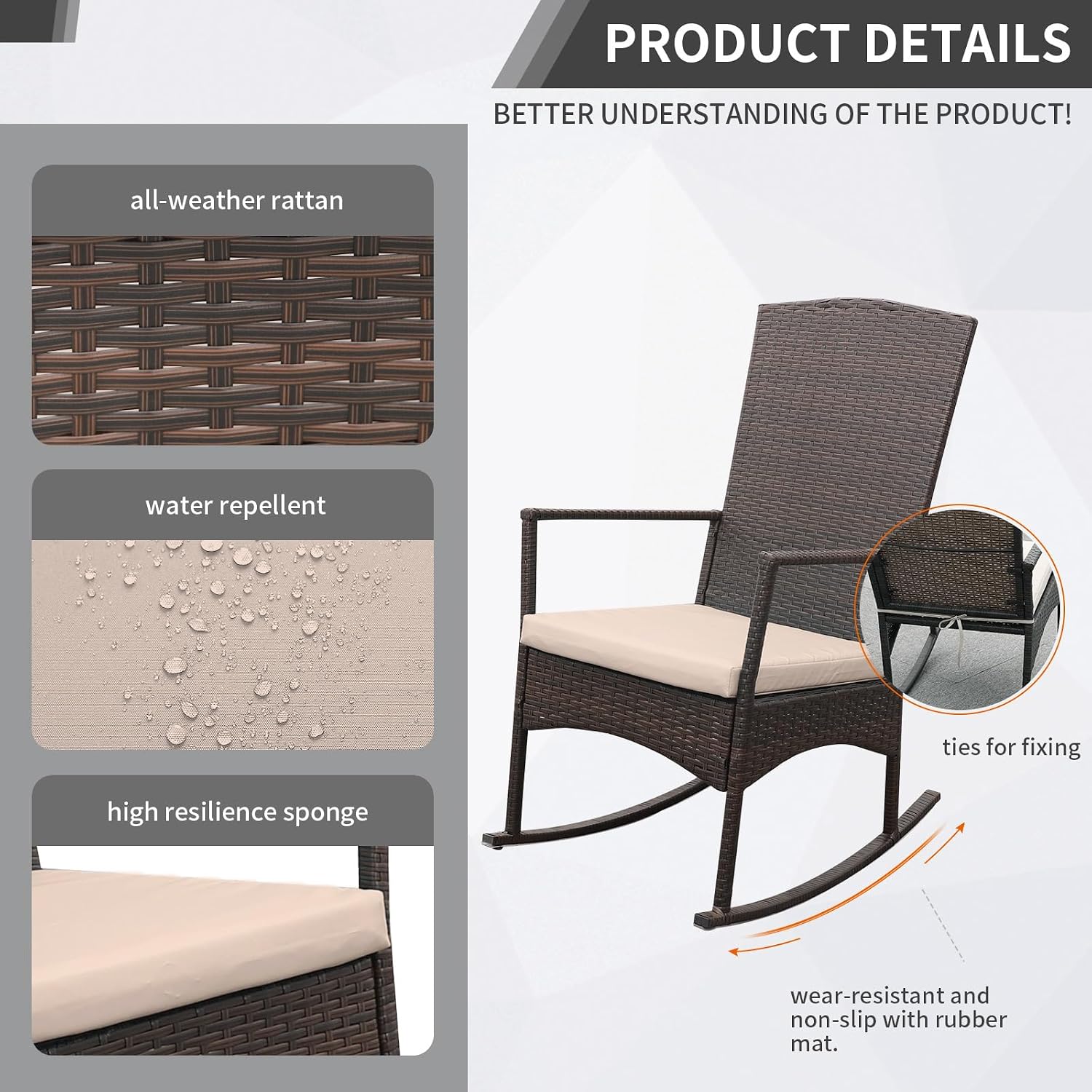 Outdoor Rocking Chair 3 Pieces High-Backed Rocking Chair Patio Rocking Chairs Outdoor Table, Khaki