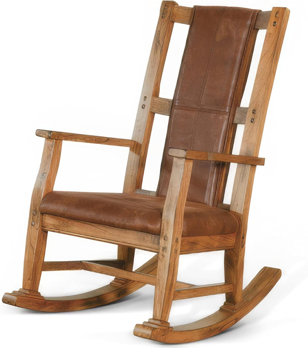 Benzara Marv Rocking Chair with Faux Leather Seat and Back- Rustic Oak Brown