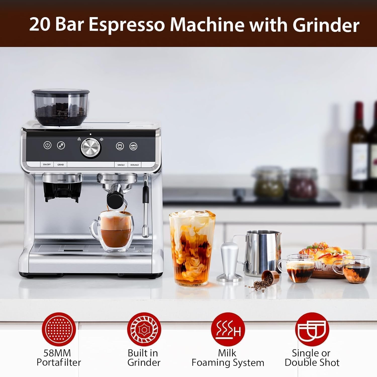 Towallmark Espresso Machine with Grinder, 20 Bar Professional Coffee Maker for Home, Milk Frother, Removable Water Tank, Steam Wand, Perfect for Espresso, Cappuccino, Latte