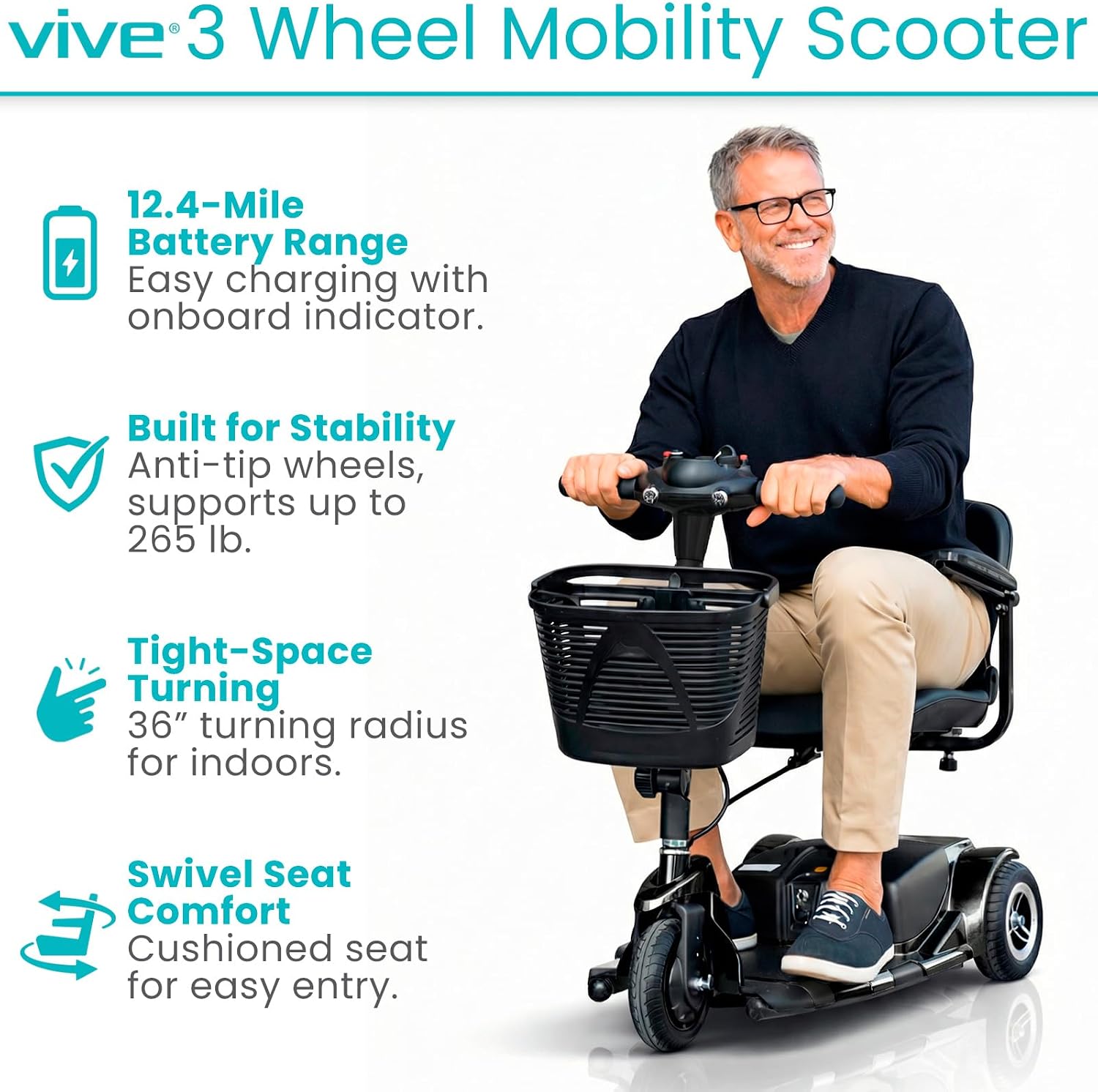 Vive 3 Wheel Mobility Scooter - Electric Powered Mobile Wheelchair Device for Adults - Folding, Collapsible and Compact for Travel - Long Range Power Extended Battery with Charger and Basket Included