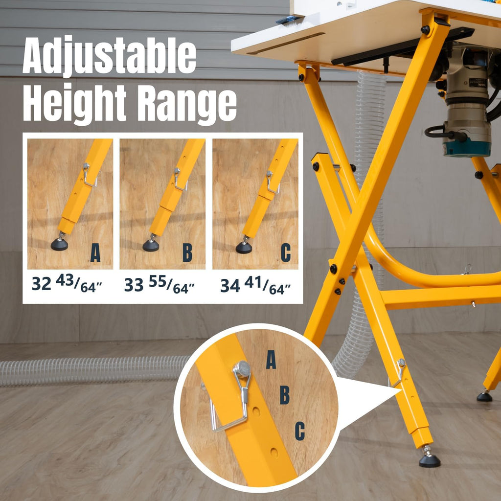 POWERTEC Folding Work Stand for Router Tabletop - Adjustable Height 32.7' to 35', Heavy Duty Steel, Portable Workbench Stand (UT1010)