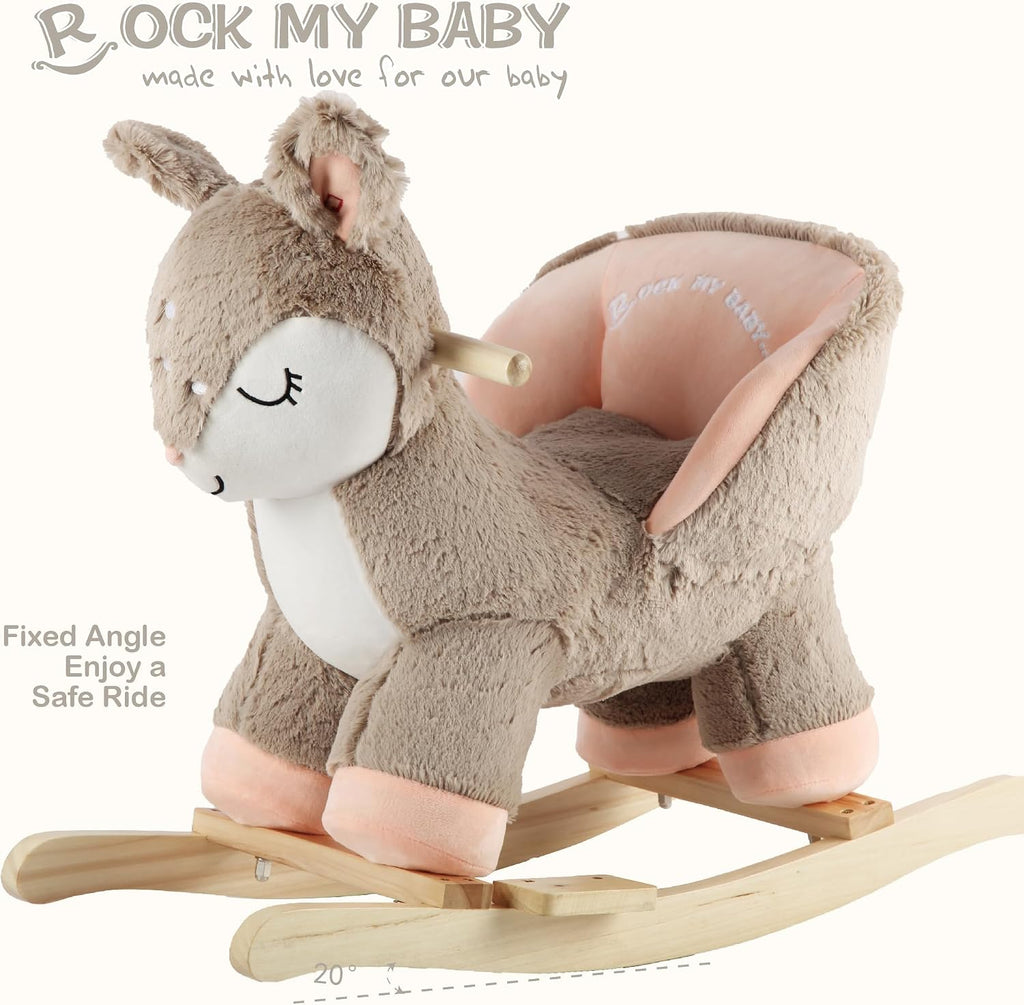 Rock My Baby Rocking Horse Deer with Chair, Plush Stuffed Animal Rocker for Toddlers 1-3, Baby Rocker with Sweet Music, Animal Ride on,Pink Deer,CPC Certified