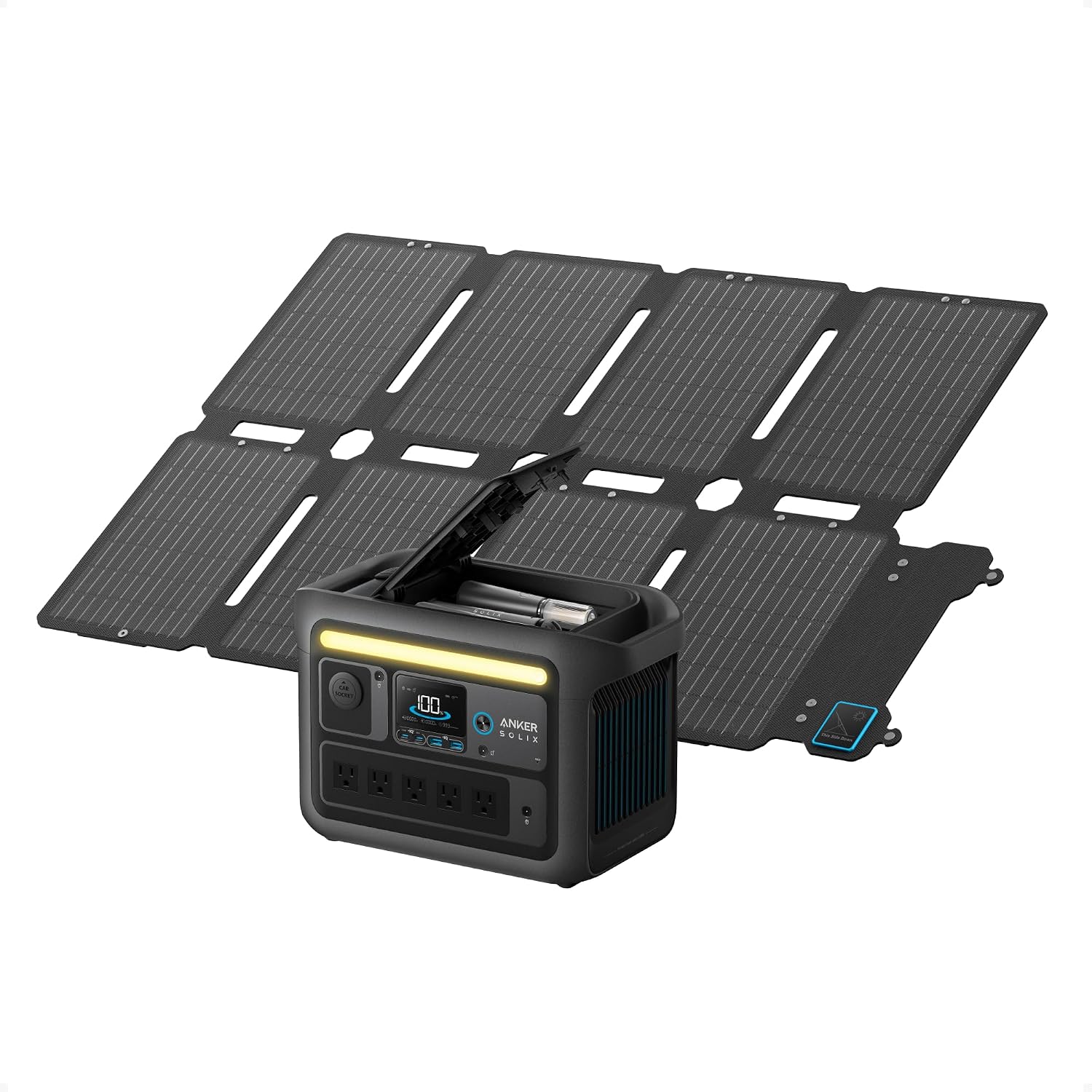 Anker SOLIX C800X Portable Power Station with 100W Solar Panel, 1200W Solar Generator with Camping Lights, 768Wh LiFePO4 Battery for Outdoor Camping, RVs, Road Trip, and Power Outages