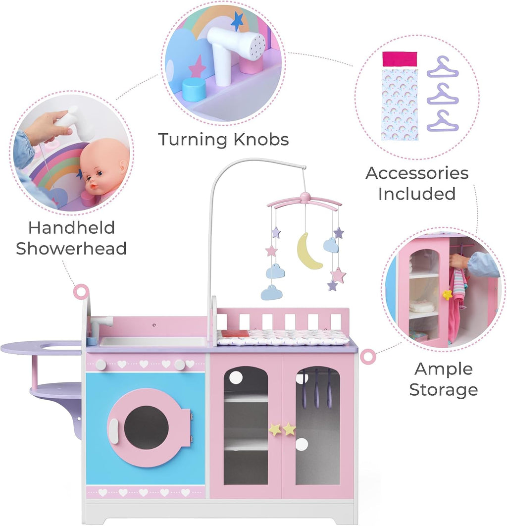 Teamson Kids - Olivia's Classic 6 in 1 Baby Doll Changing Station with Storage, Pretend Play Dolls Furniture, Pink/Purple