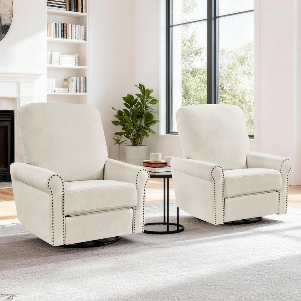 360° Swivel Rocker Recliner Chair with Upholstered Backrest, Small Rocking Recliner for Small Spaces, Chenille Fabric Glider Recliner Nursery Chair (Chenille-Beige, Two Chairs)
