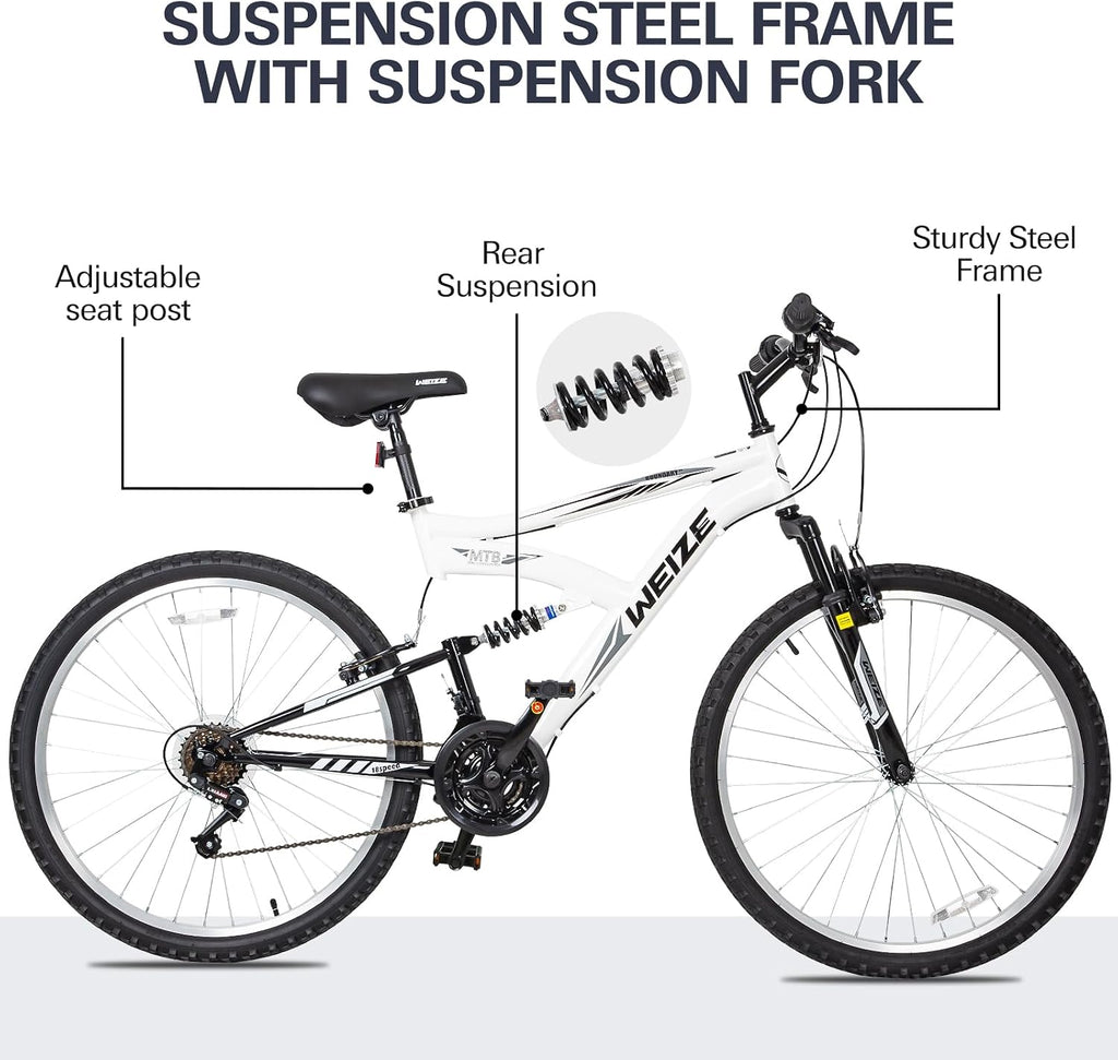 WEIZE Mountain Bike 26 27.5 inch Outdoor Cycling Bike 18-Speed/High-Carbon Steel/Dual Full Suspension, Adjustable Ergonomic Seat for Men Women Adult, MTB Bicycle with Suspension Fork