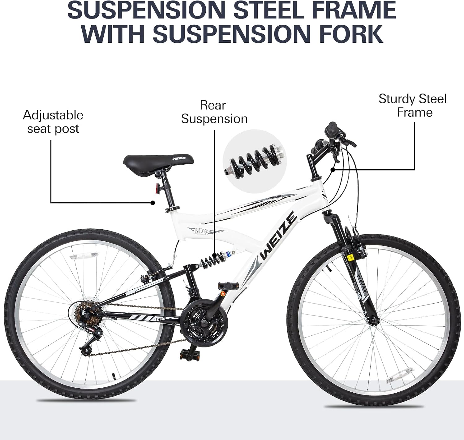 WEIZE Mountain Bike 26 27.5 inch Outdoor Cycling Bike 18-Speed/High-Carbon Steel/Dual Full Suspension, Adjustable Ergonomic Seat for Men Women Adult, MTB Bicycle with Suspension Fork