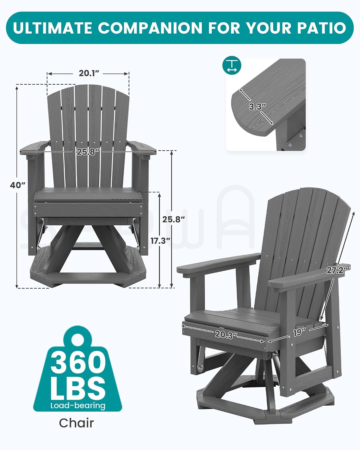SERWALL Adirondack Swivel Glider Chair, HDPE Glider Rocking Chair for Outdoor, All-Weather Glider Chair for Porch, Balcony, Grey