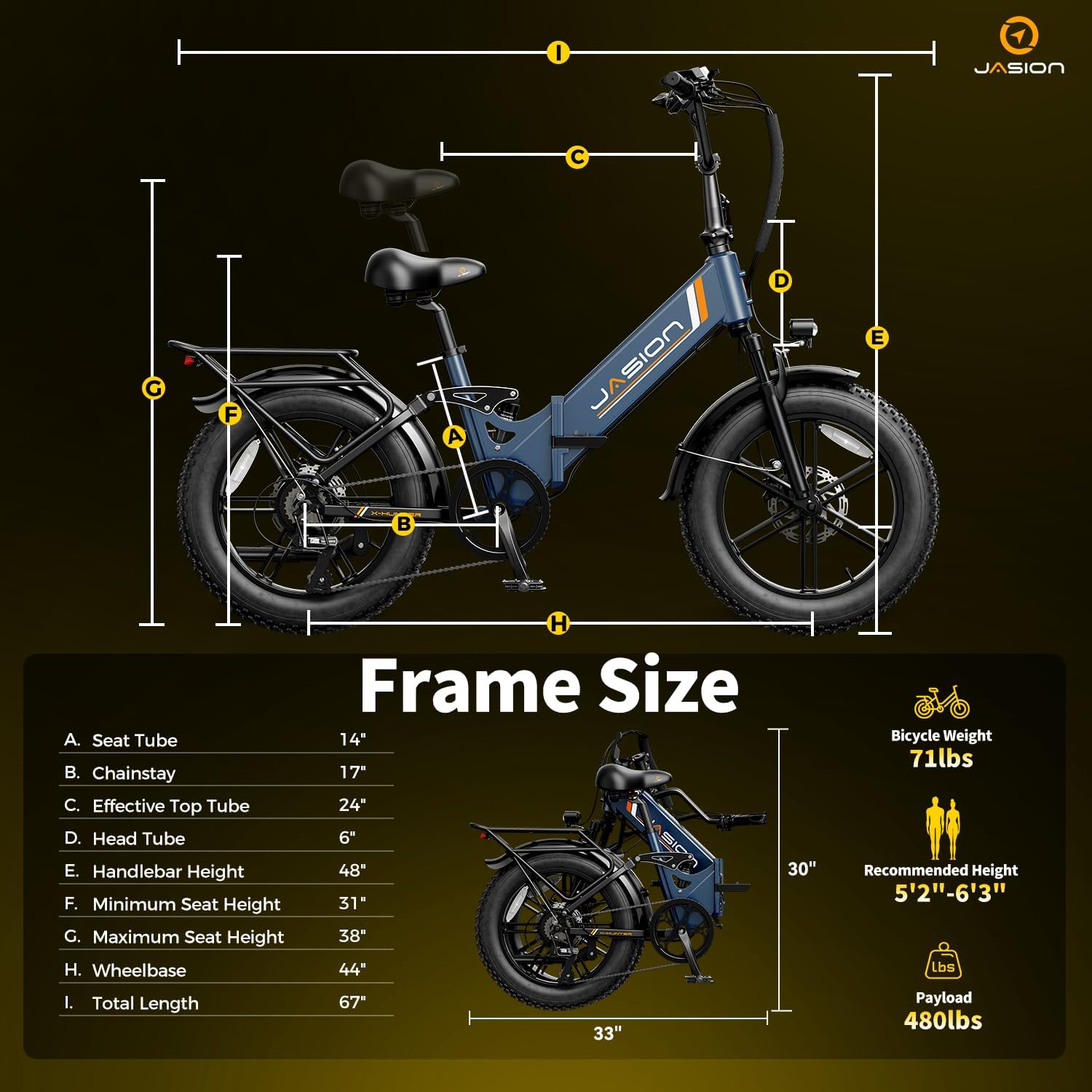 Jasion X Hunter ST 20' Electric Bike for Adults,Peak 1400W Motor,30MPH Max Speed Foldable Ebike,71 Miles Range Folding E Bicycles,624WH Battery,Hydraulic Disc Brakes,UL 2849 Certified