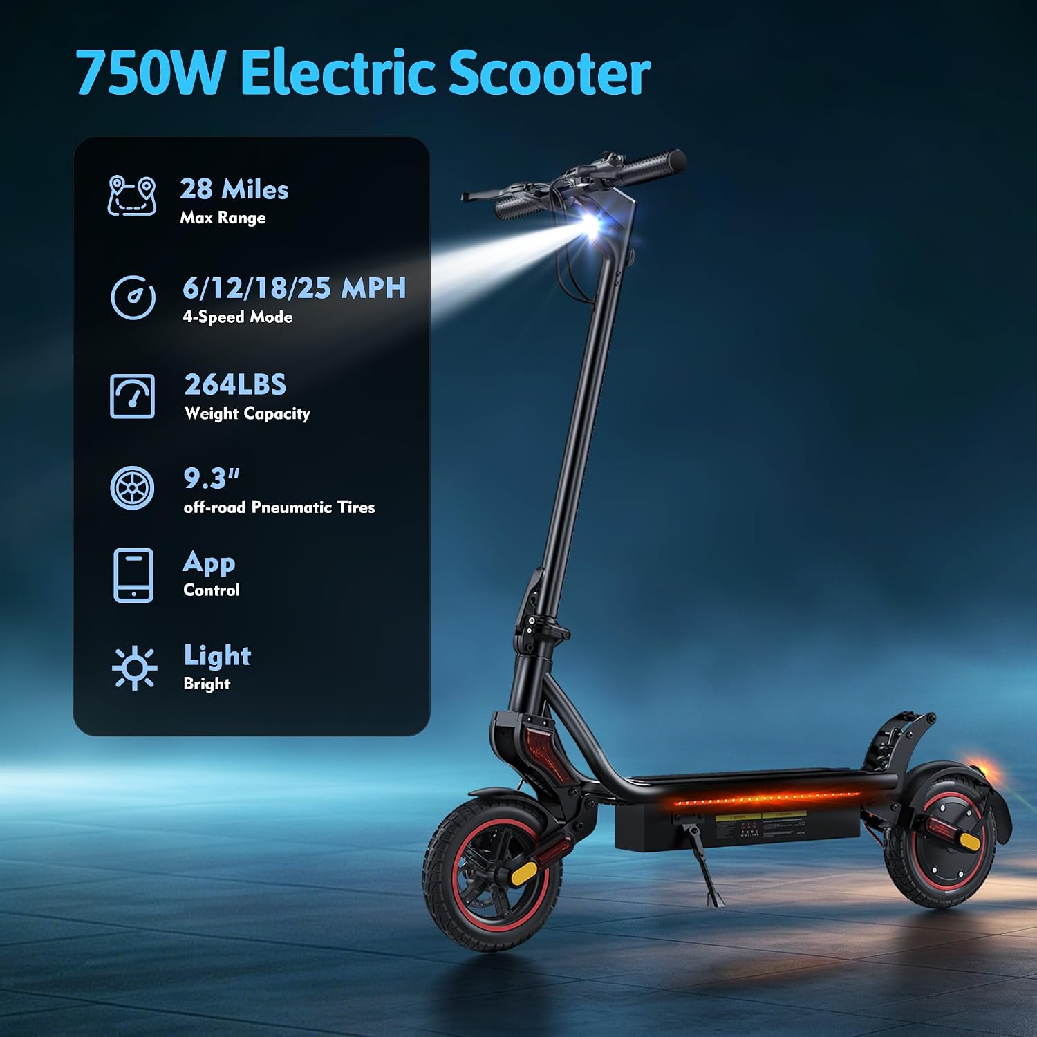 Electric Scooter, 500W/750W Powerful Motor, 22/25 MPH Top Speed & 23/28 Miles Range, 9.3'/10' Tires, Foldable Commuter Scooter for Adults and Teens with Dual Braking,Cruise Control,APP Control