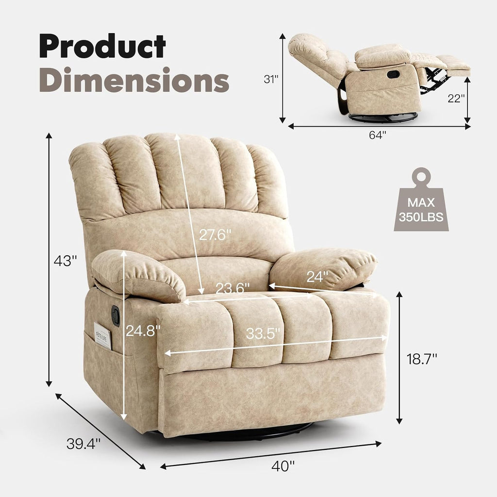 COOSLEEP Oversized Manual Swivel Rocker Recliner Chair, Extra Wide Glider Rocker Recliner for Big and Tall, Overstuffed Lazy Recliner Chair with High Back, Single Sofa Chair for Living Room(Beige)