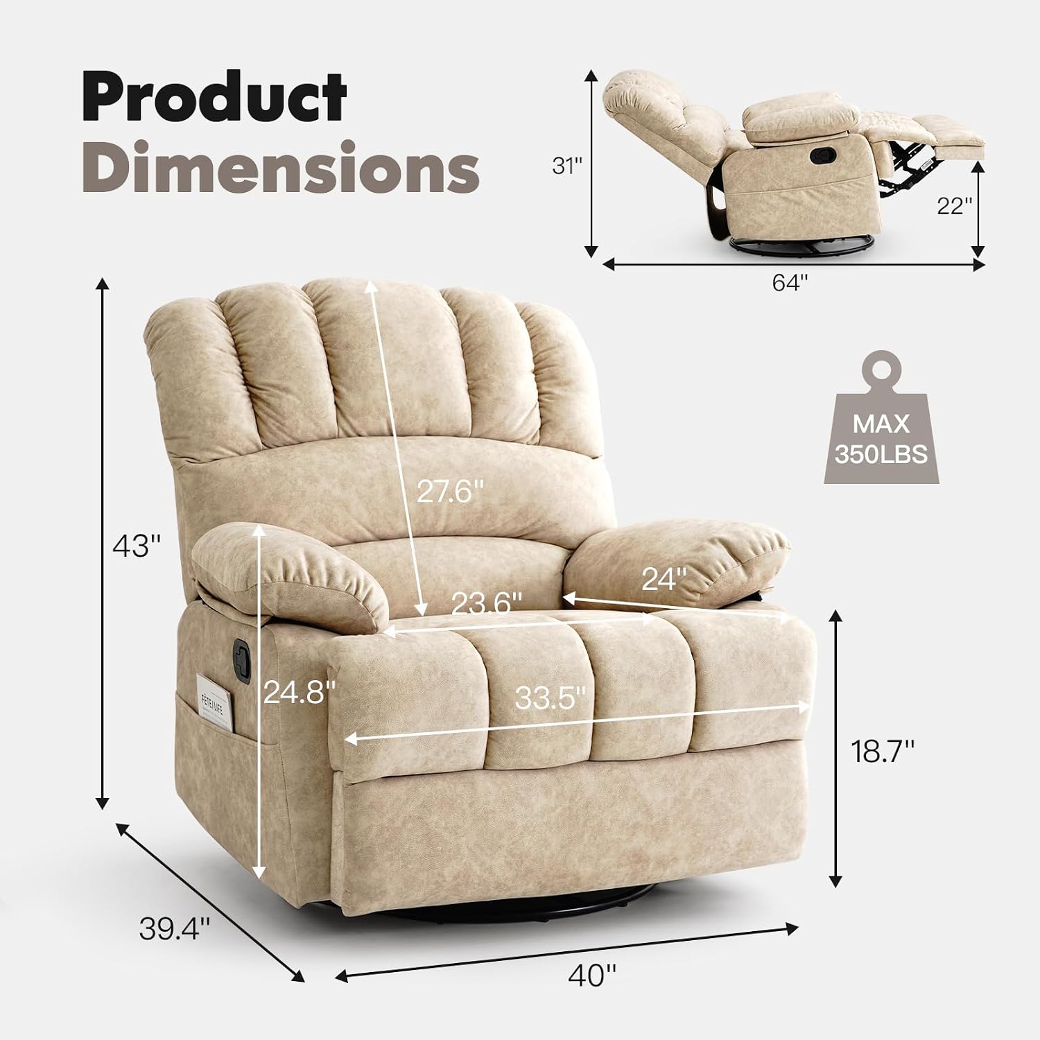 COOSLEEP Oversized Manual Swivel Rocker Recliner Chair, Extra Wide Glider Rocker Recliner for Big and Tall, Overstuffed Lazy Recliner Chair with High Back, Single Sofa Chair for Living Room(Beige)
