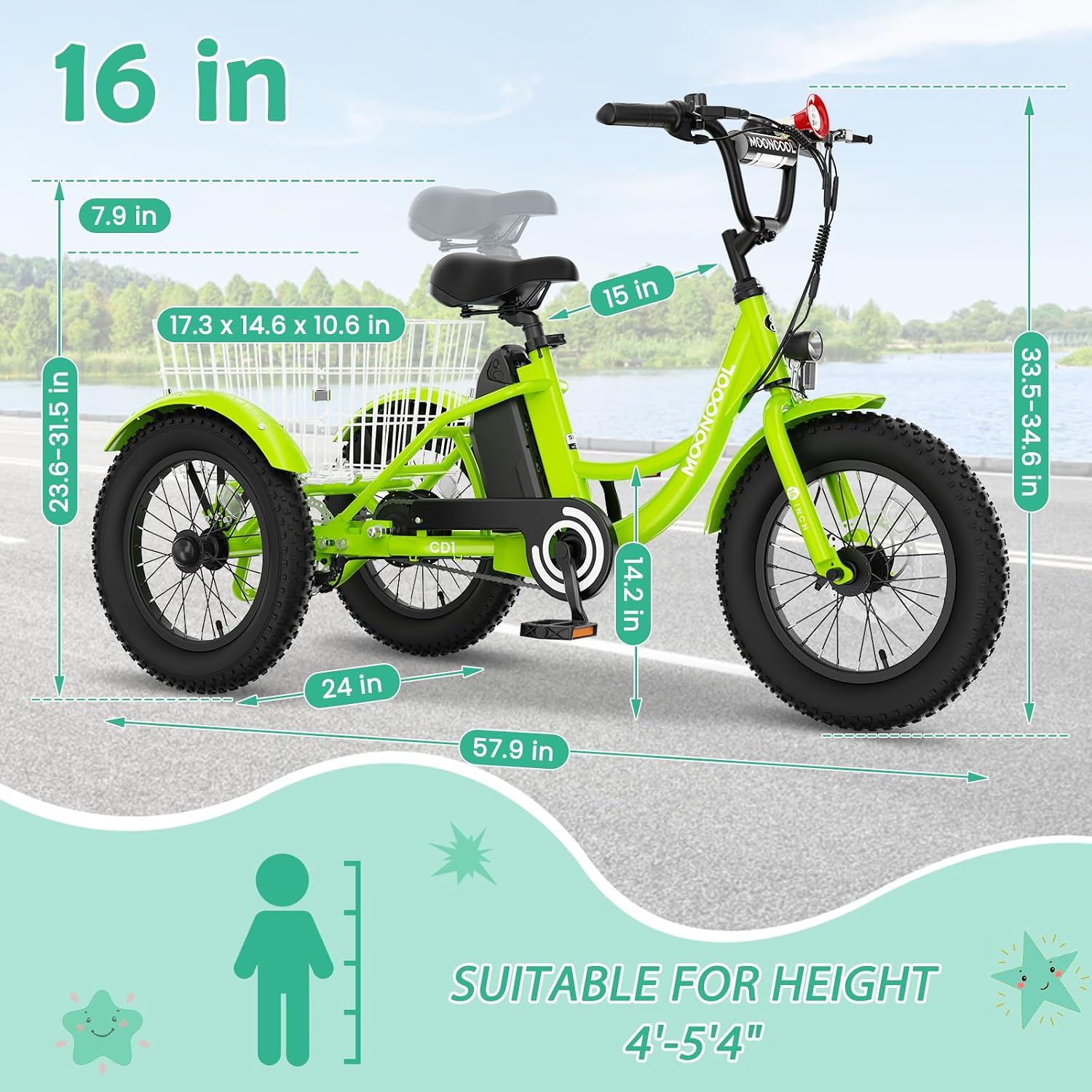 LILYPELLE Electric Tricycle for Youth, 250W Aluminum Frame Electric Tricycle Etrike, 16IN 3 Wheels Electric Bicycle Bikes, 3.0 Fat Tire Electric Trike with Removable Battery and Rear Basket