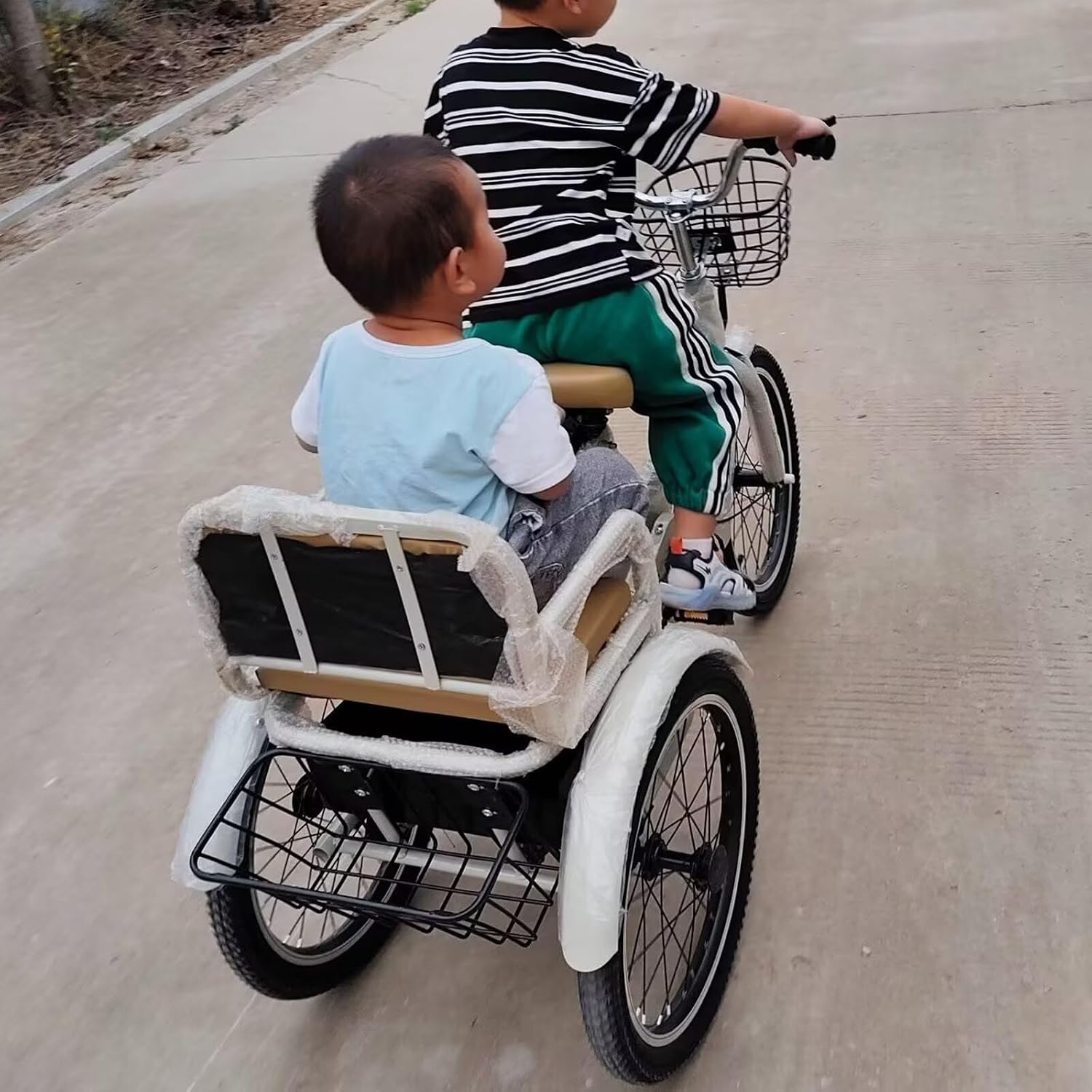 3 Wheels Bicycle,Rickshaw Tricycle with Pedals,Tandem Trike with Back seat,seat with Belt and armrest,Front and Rear Wheel Brakes,Outdoor Cruiser Bike,Pneumatic tire Spoke Wheels