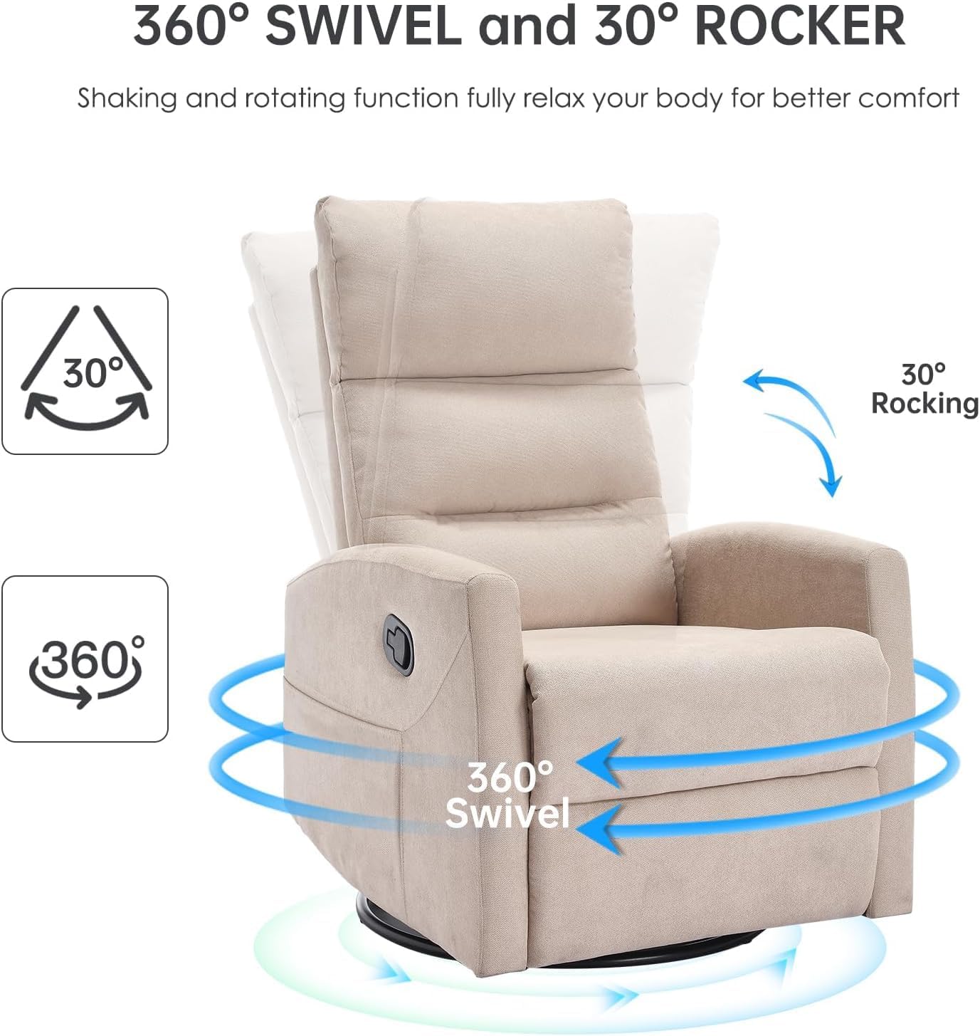 360° Swivel Rocker Recliner Chair for Small Spaces, Manual Reclining Chair for Adults, Rocking Glider Chair for Nursery, Living Room, Bedroom, Polyester Fabric Cream Beige