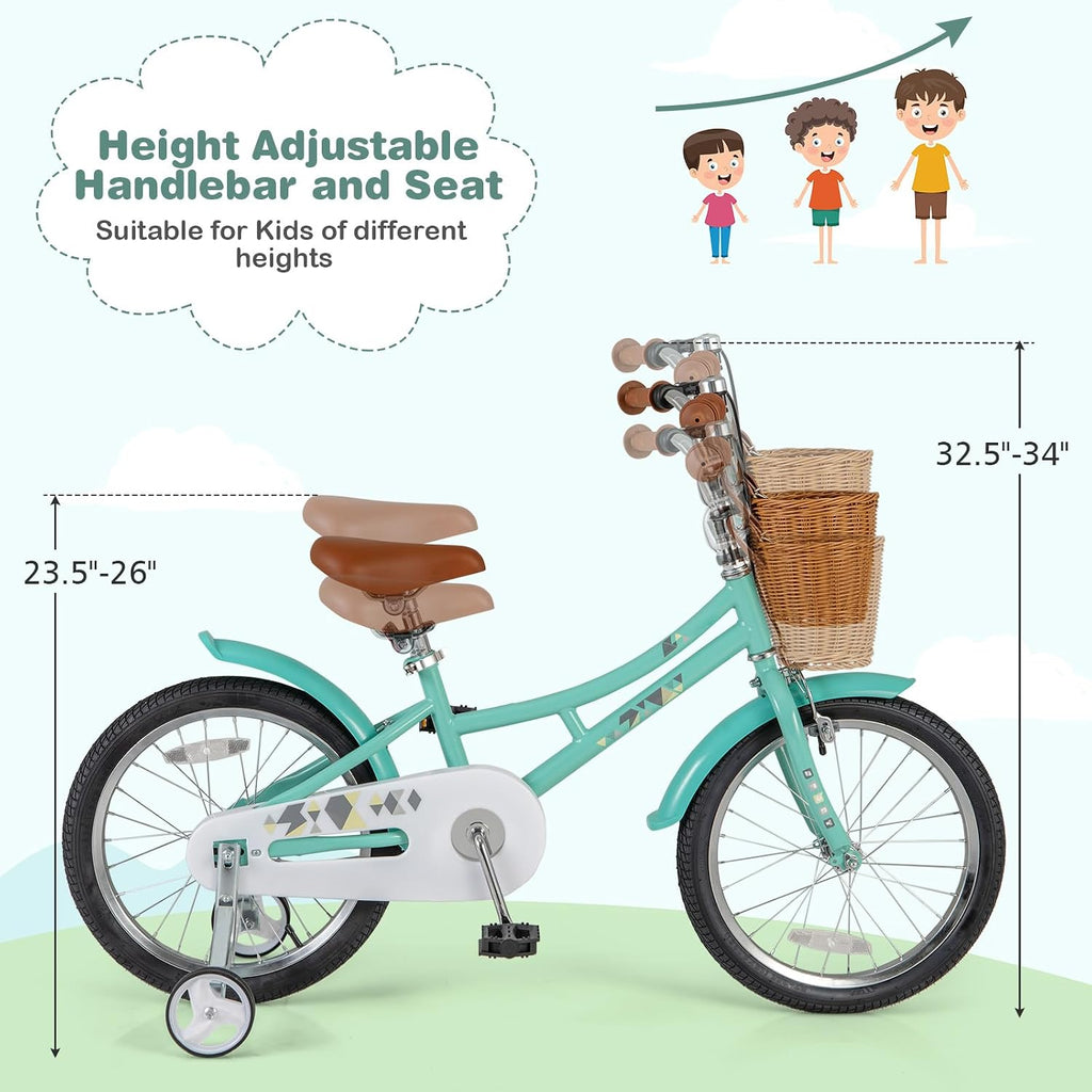 BABY JOY Retro Kids Bike, 12 14 16 18 Inch Child Bike for 3-8 Years Old w/Rattan Basket, Adjustable Height, Training Wheels, Fenders, Handbrake Coaster Brake, 95% Pre-Assembled Kids Bicycle for Girls