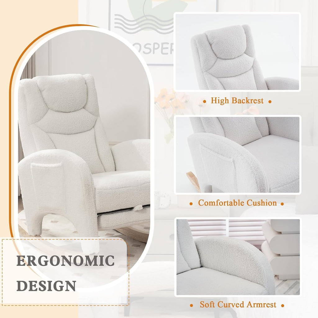 Rocking Chair Nursery with Foot Rest,Upholstered Teddy Glider Rocker with Wood Legs, Nursing Rocking Chair for Living Room/Nursery,Ivory