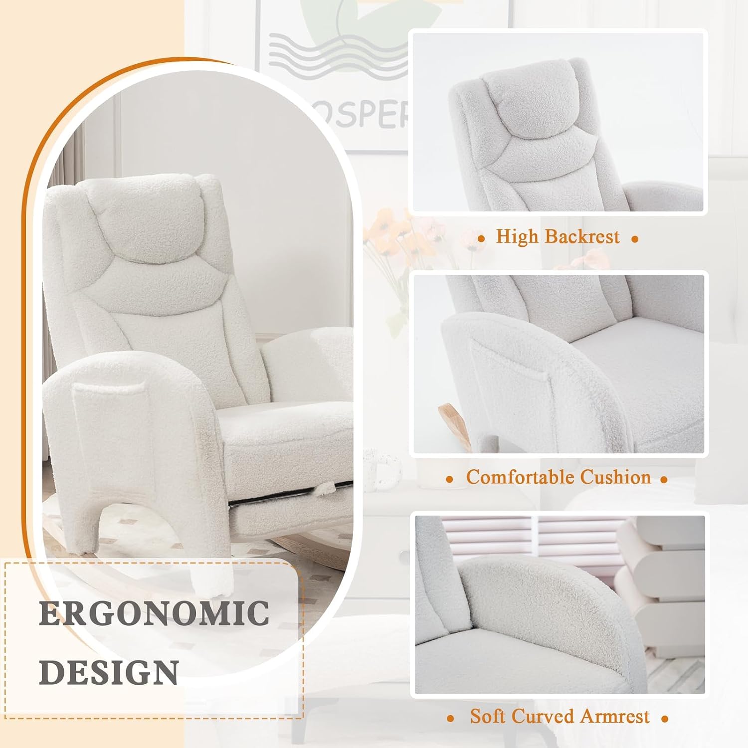 Rocking Chair Nursery with Foot Rest,Upholstered Teddy Glider Rocker with Wood Legs, Nursing Rocking Chair for Living Room/Nursery,Ivory