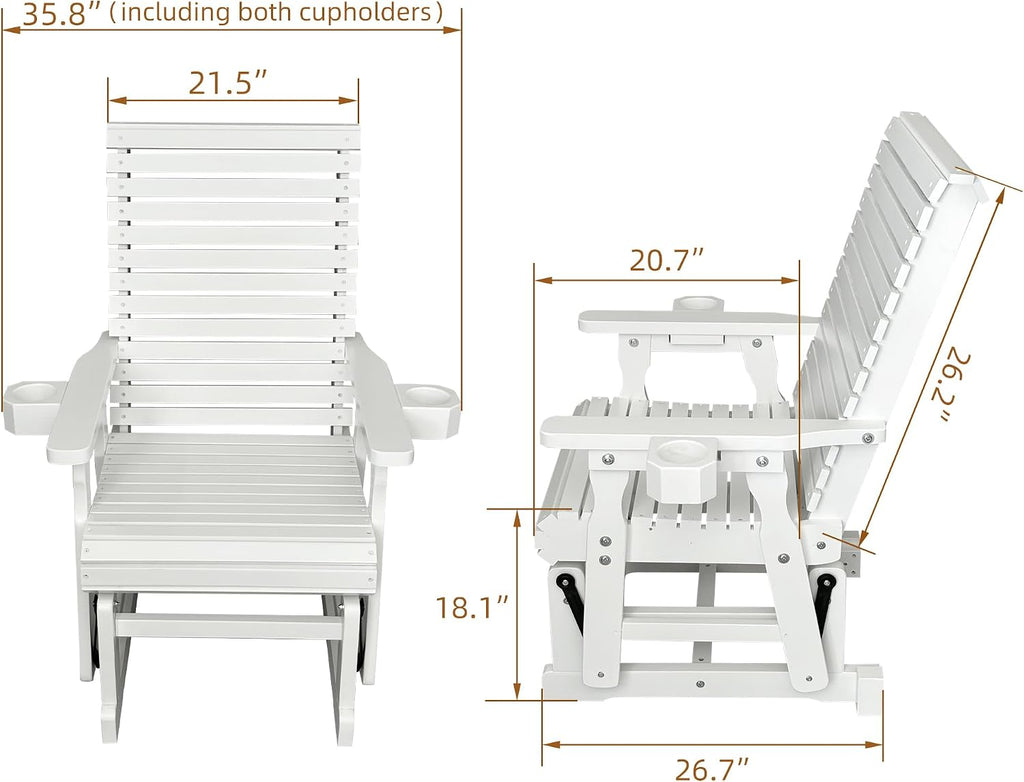 Fortune Candy Wooden Patio Glider for One Person, with High Backrest and Deep Contoured Seat, Solid Fir Wood, Heavy Duty 600 LBS (White, 1-Seater)