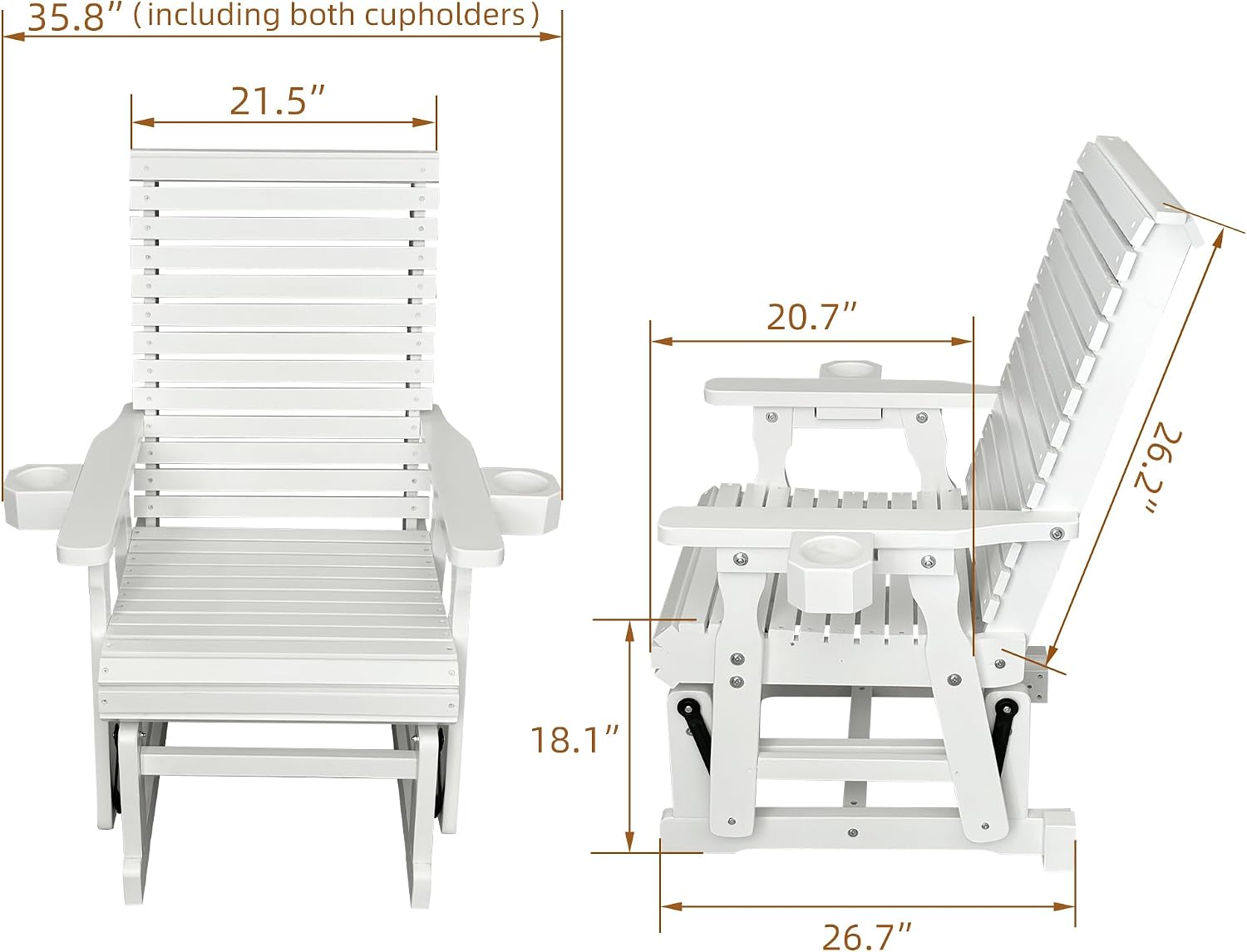 Fortune Candy Wooden Patio Glider for One Person, with High Backrest and Deep Contoured Seat, Solid Fir Wood, Heavy Duty 600 LBS (White, 1-Seater)