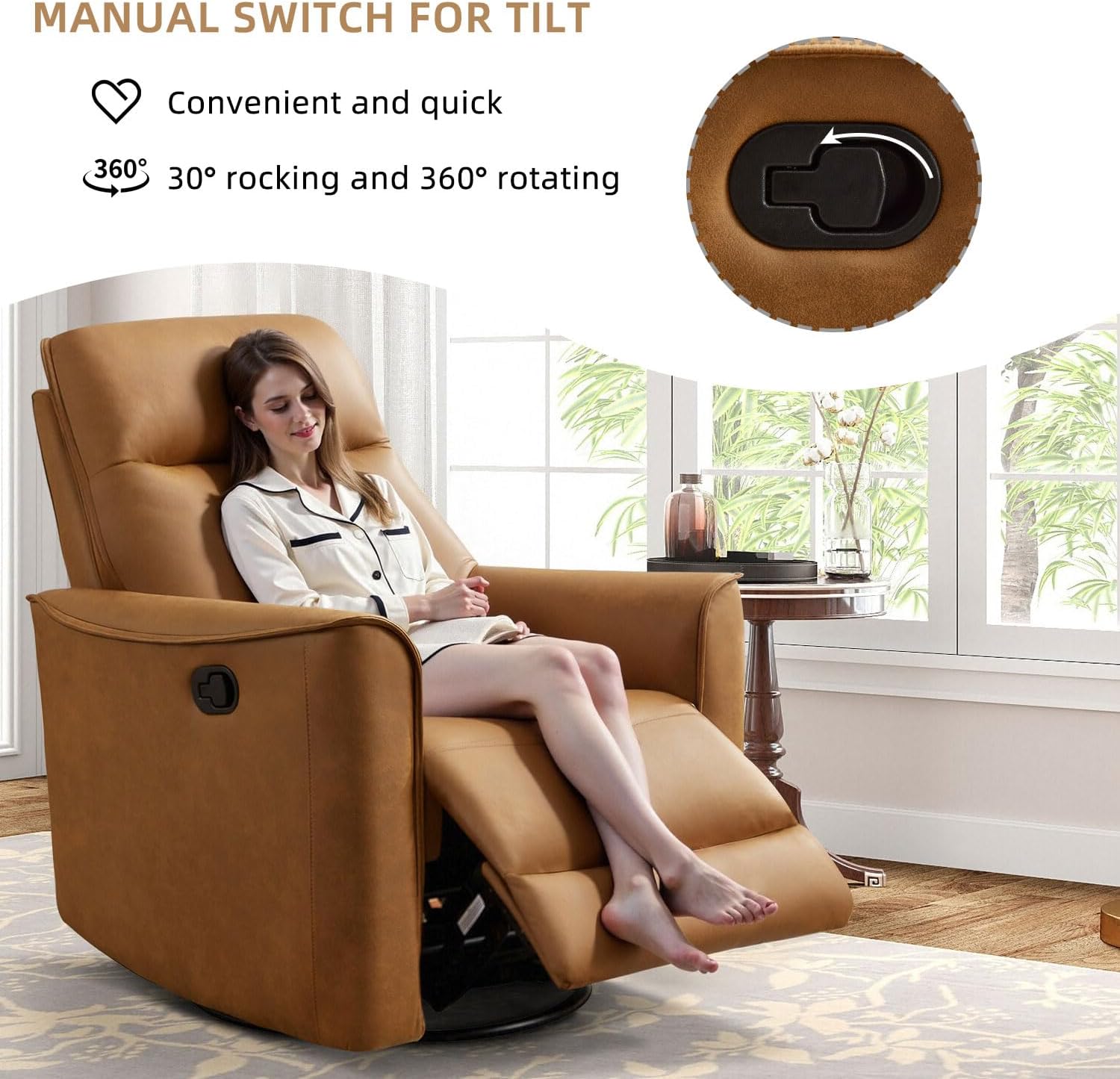 CANMOV Swivel Rocker Recliner, Glider Rocking Chair, Nursing Chairs Swivel Glider Recliners with Soft Backrest, Leathaire Manual Reclining Sofa for Living Room Bedroom Apartment, Brown