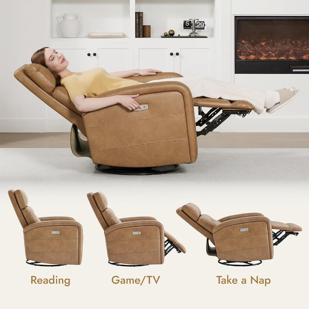Watson & Whitely Swivel Power Recliner Glider Rocker, Small Recliner with Charging Port for Living Room, Faux Leather in Camel
