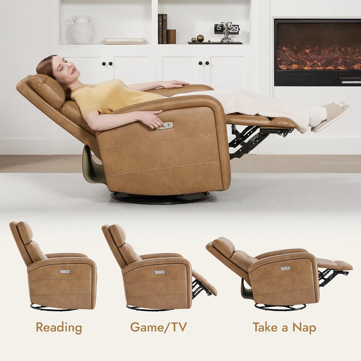 Watson & Whitely Swivel Power Recliner Glider Rocker, Small Recliner with Charging Port for Living Room, Faux Leather in Camel