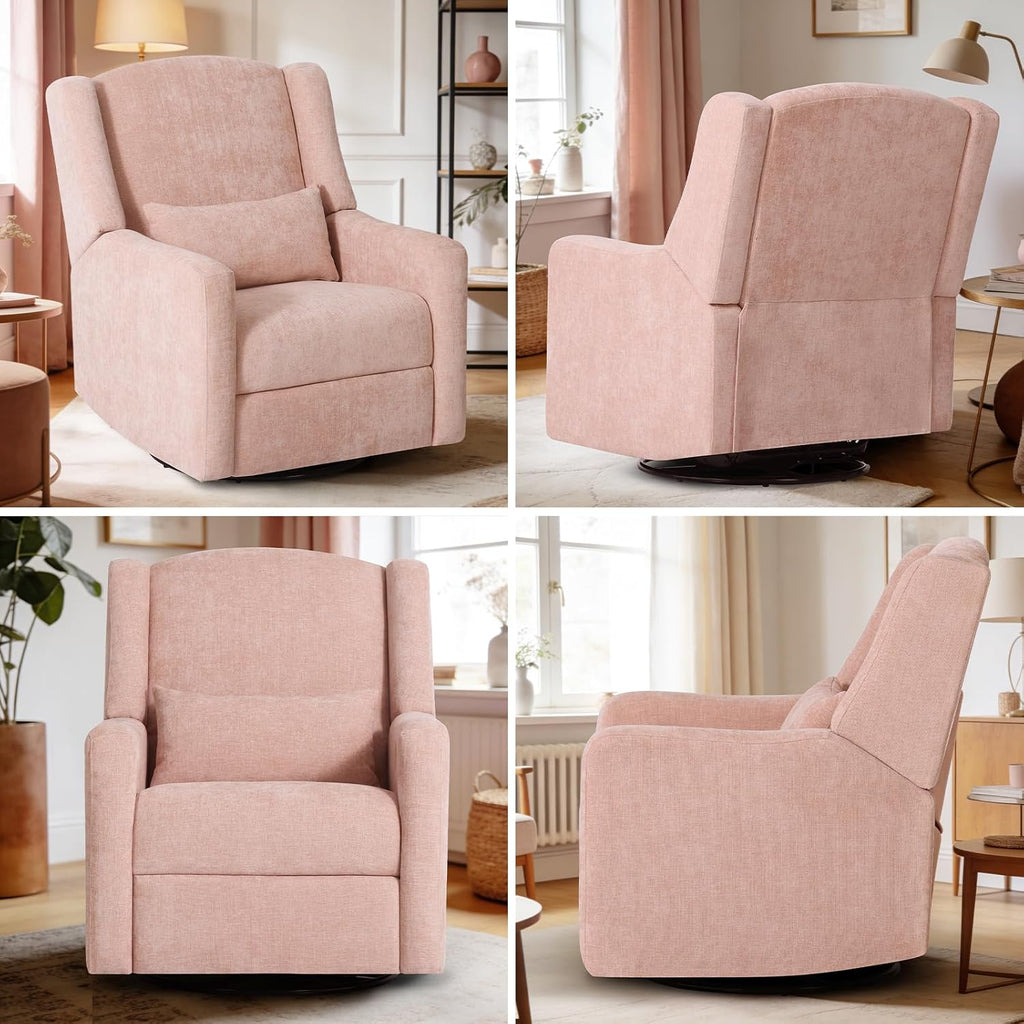 Power Glider Recliner Nursery Chair w/USB Ports, Soft Chenille Glider Rocking Chair for Nursery, Swivel Glider Chair with Lumbar Pillow for Living Room, Pink